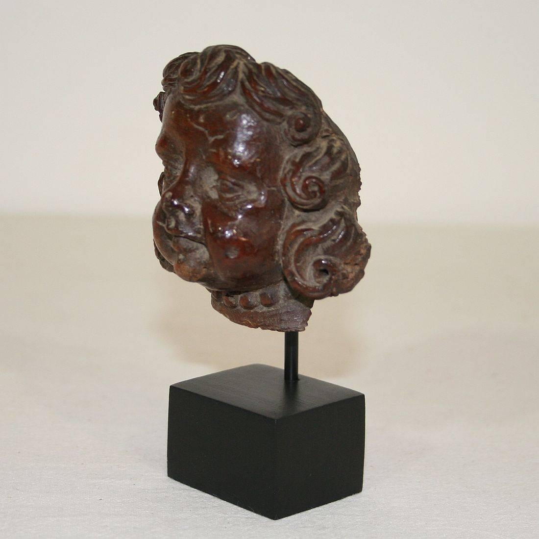 Hand-Carved Small French 17th-18th Century Baroque Carved Wooden Angel Face