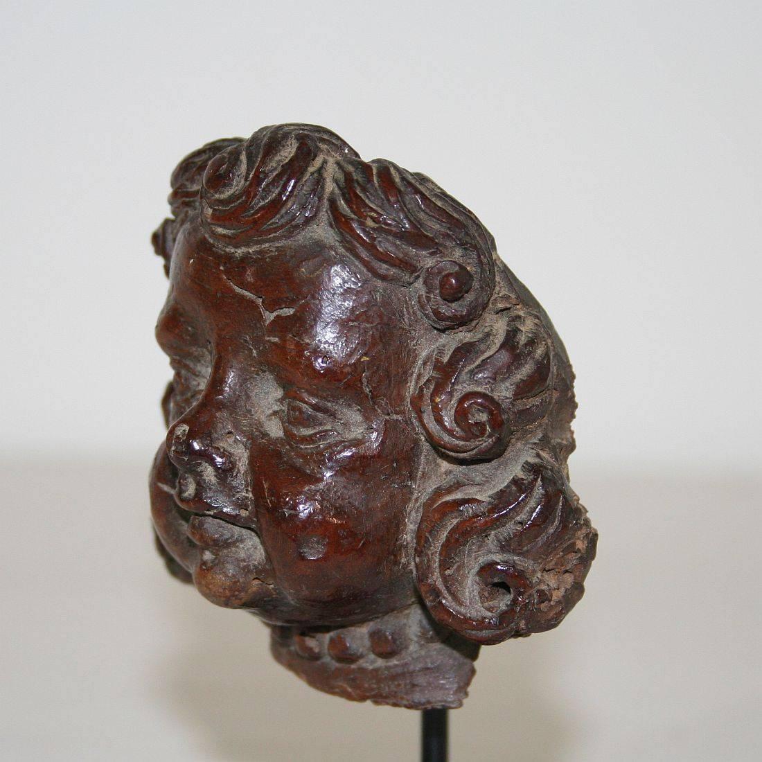 18th Century and Earlier Small French 17th-18th Century Baroque Carved Wooden Angel Face