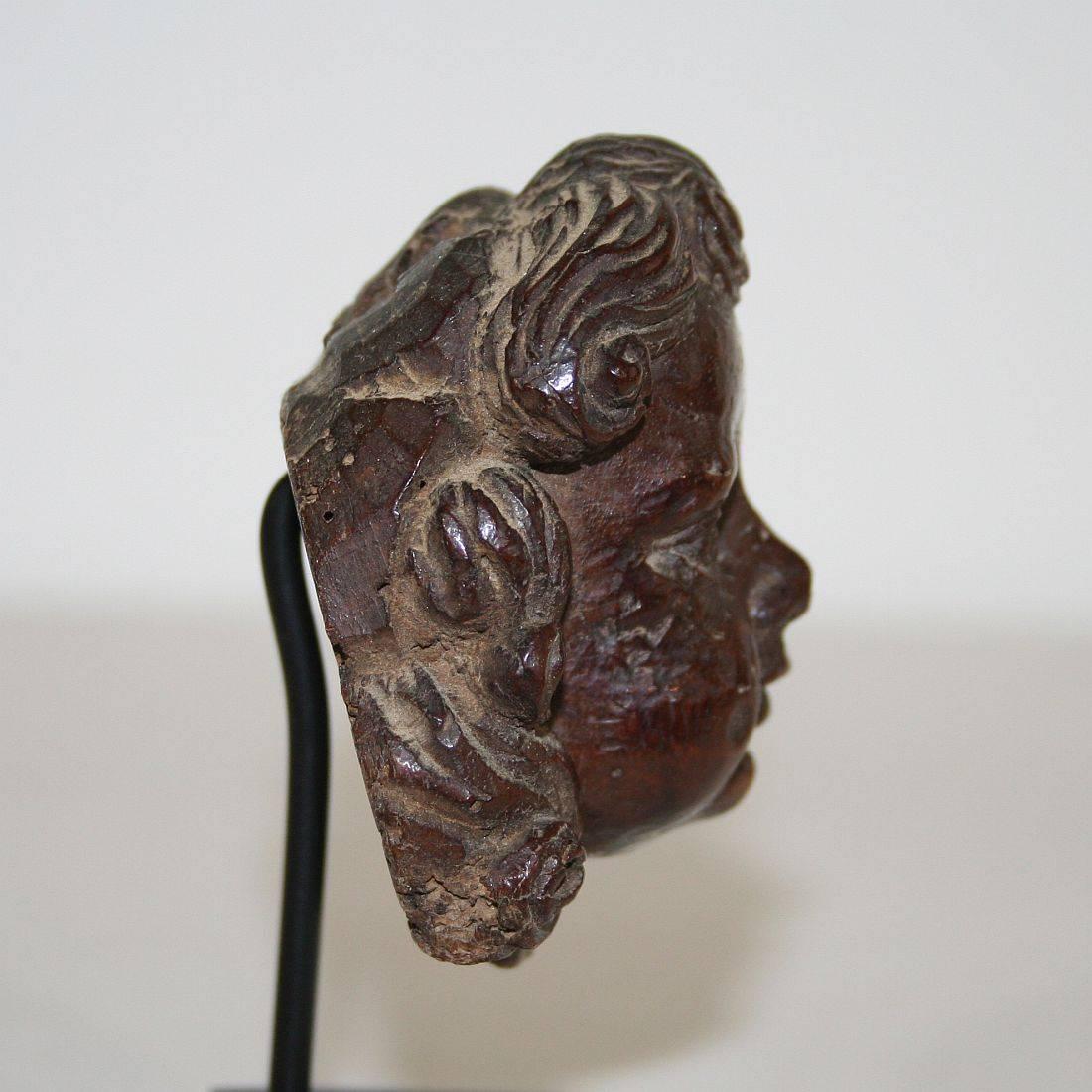 Small French 17th-18th Century Baroque Carved Wooden Angel Face 2