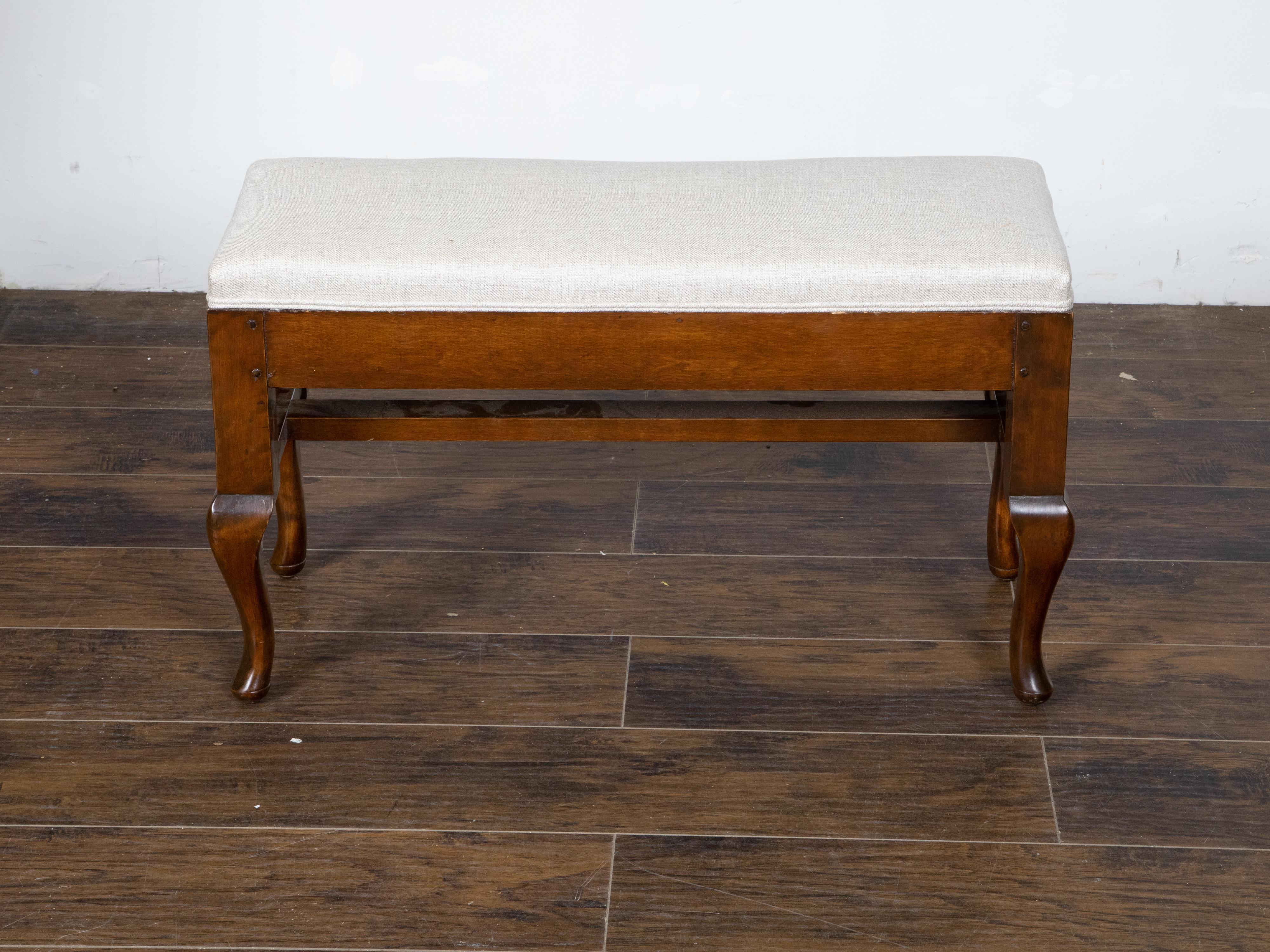 19th Century Small French 1800s Wood Bench with Curving Legs, Cross Stretcher and Upholstery
