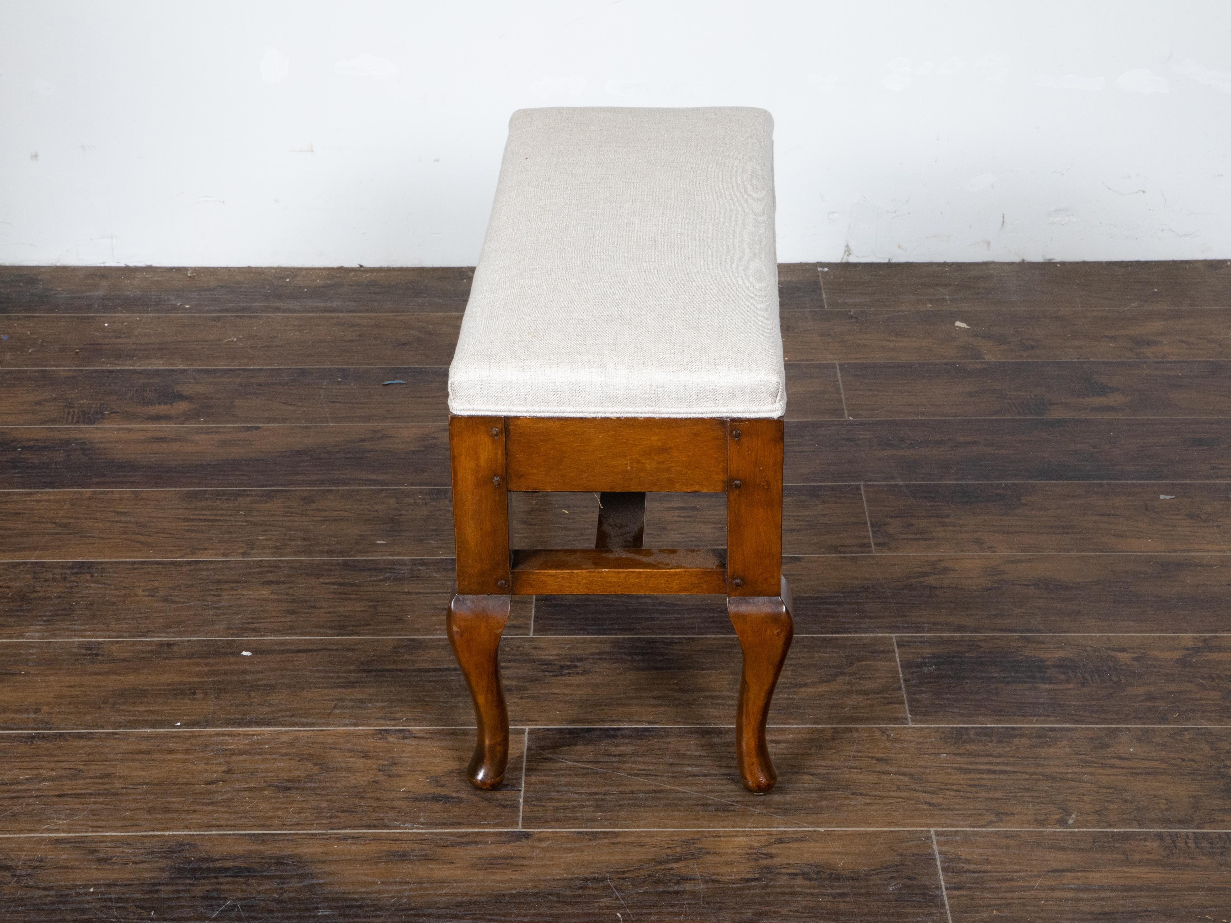 Fabric Small French 1800s Wood Bench with Curving Legs, Cross Stretcher and Upholstery