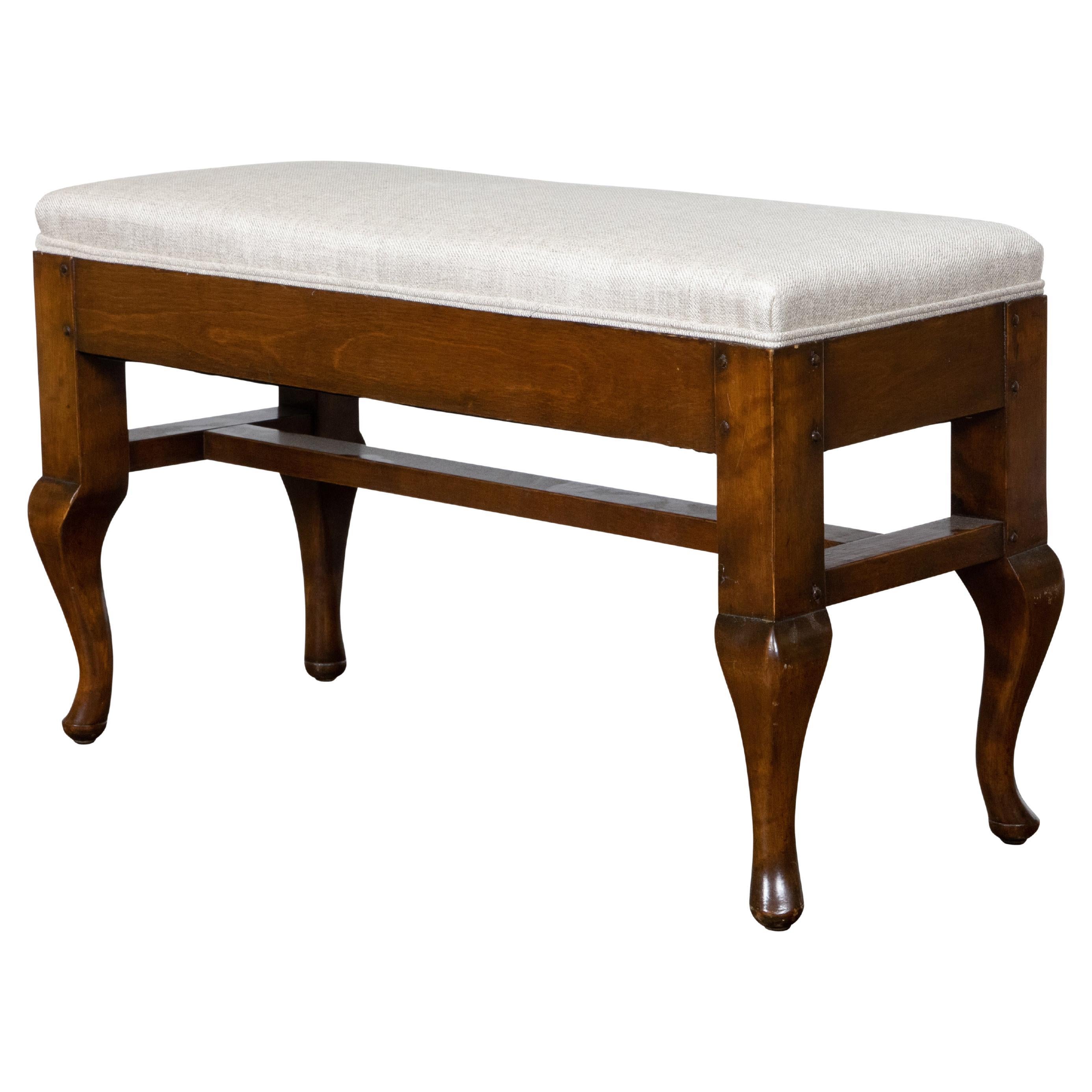 Small French 1800s Wood Bench with Curving Legs, Cross Stretcher and Upholstery
