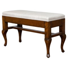 Antique Small French 1800s Wood Bench with Curving Legs, Cross Stretcher and Upholstery