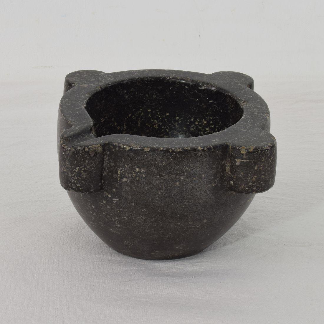 Beautiful and rare black marble (Belgium blue stone) mortar, France, circa 1750-1850. Great eyecatcher.
Weathered but good condition.