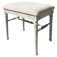 Small French 19 Century Painted Carved Bench With Upholstered Fabric Seat