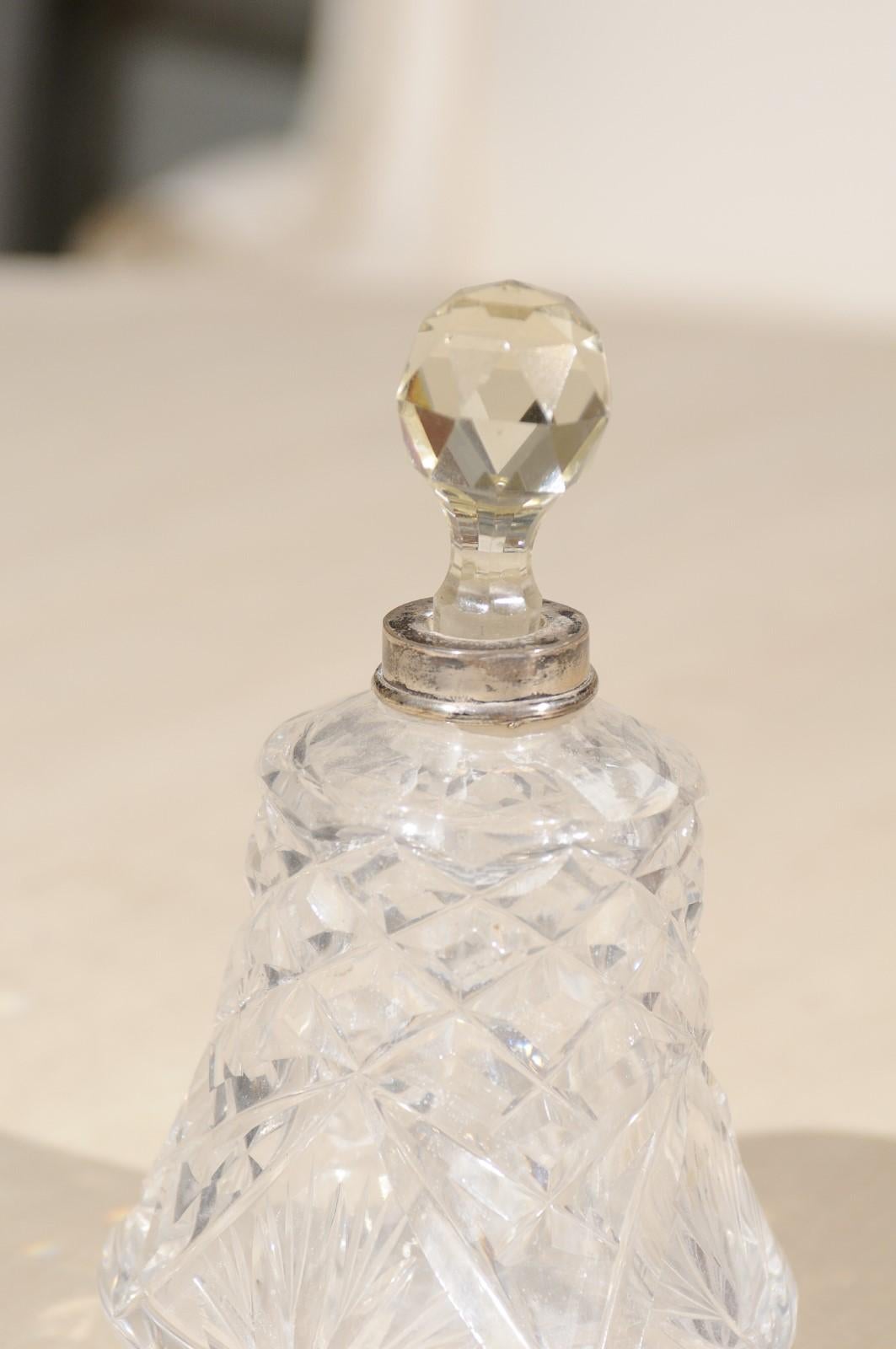 Small French 1920s Crystal Toiletry Bottle with Silver Neck and Diamond Motifs For Sale 6