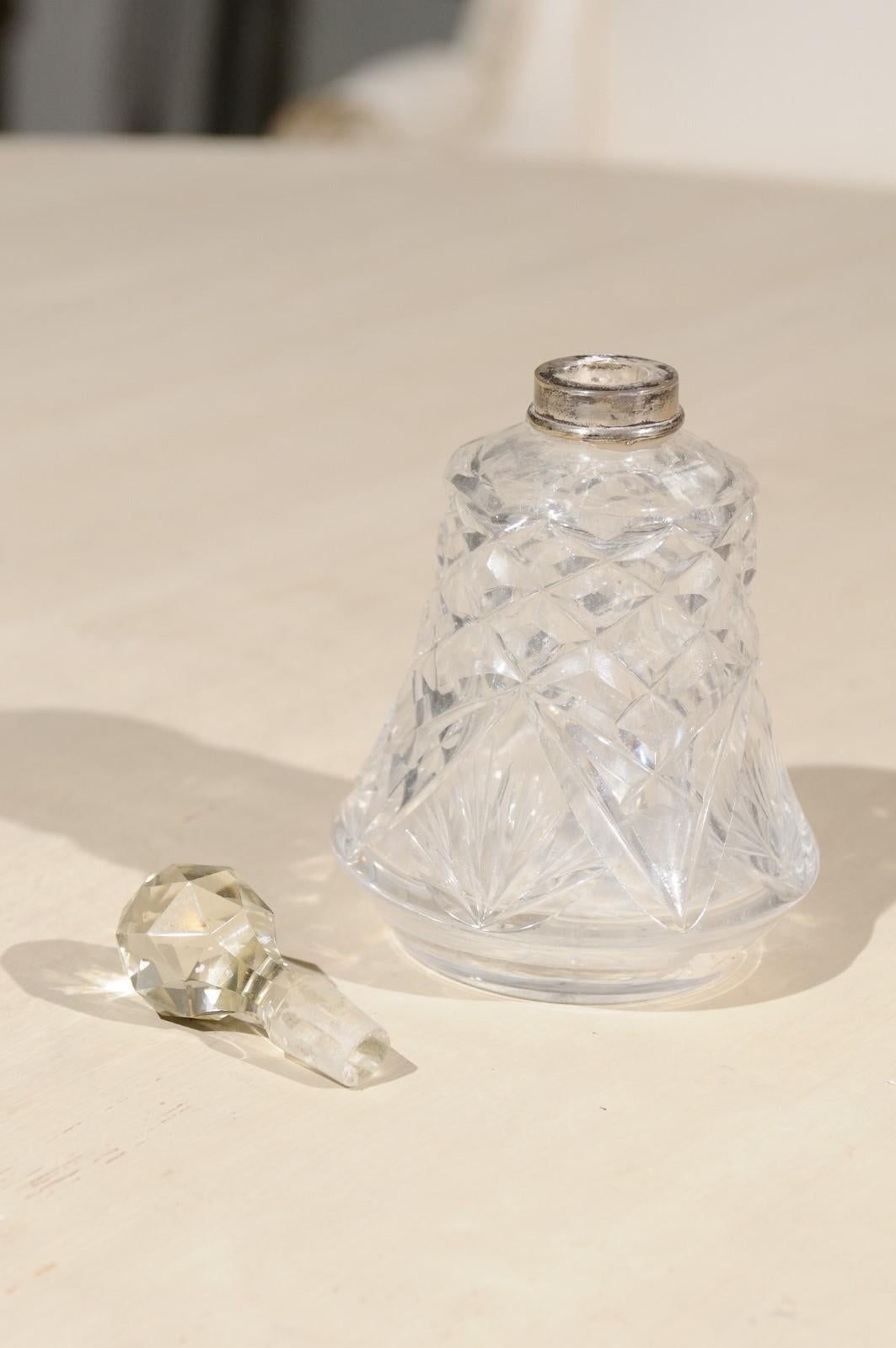Small French 1920s Crystal Toiletry Bottle with Silver Neck and Diamond Motifs For Sale 7