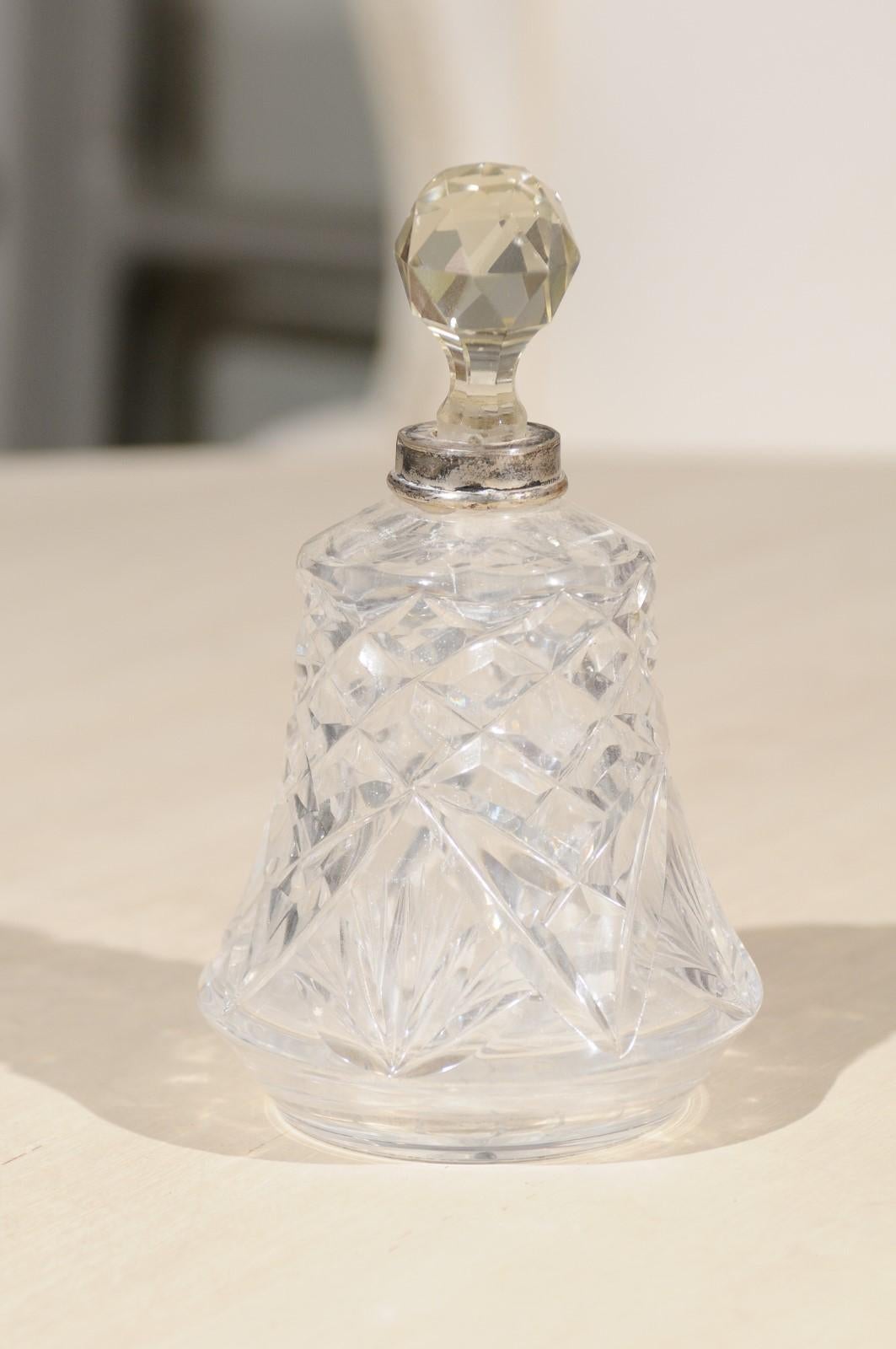 20th Century Small French 1920s Crystal Toiletry Bottle with Silver Neck and Diamond Motifs For Sale