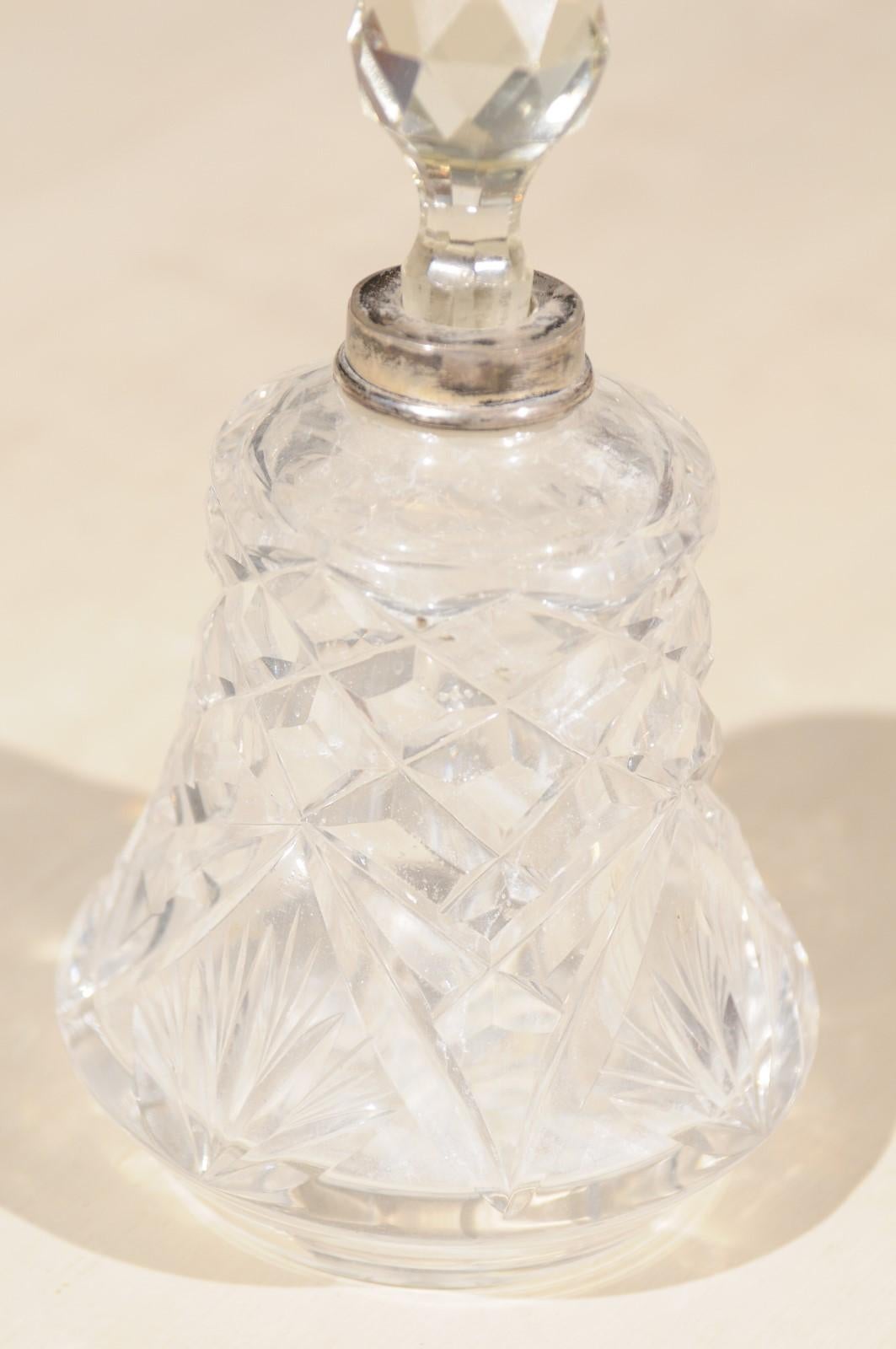 Small French 1920s Crystal Toiletry Bottle with Silver Neck and Diamond Motifs For Sale 2