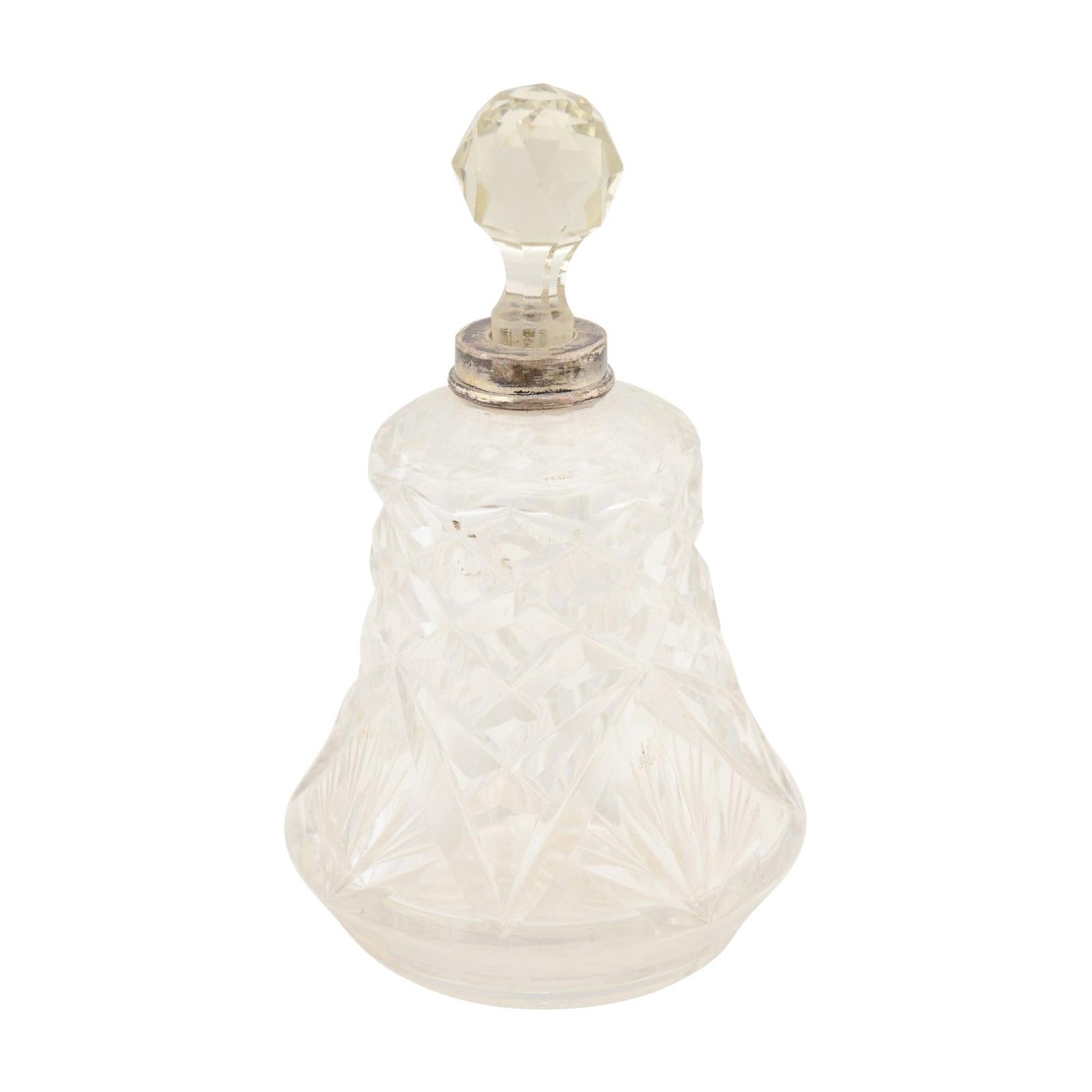 Small French 1920s Crystal Toiletry Bottle with Silver Neck and Diamond Motifs For Sale