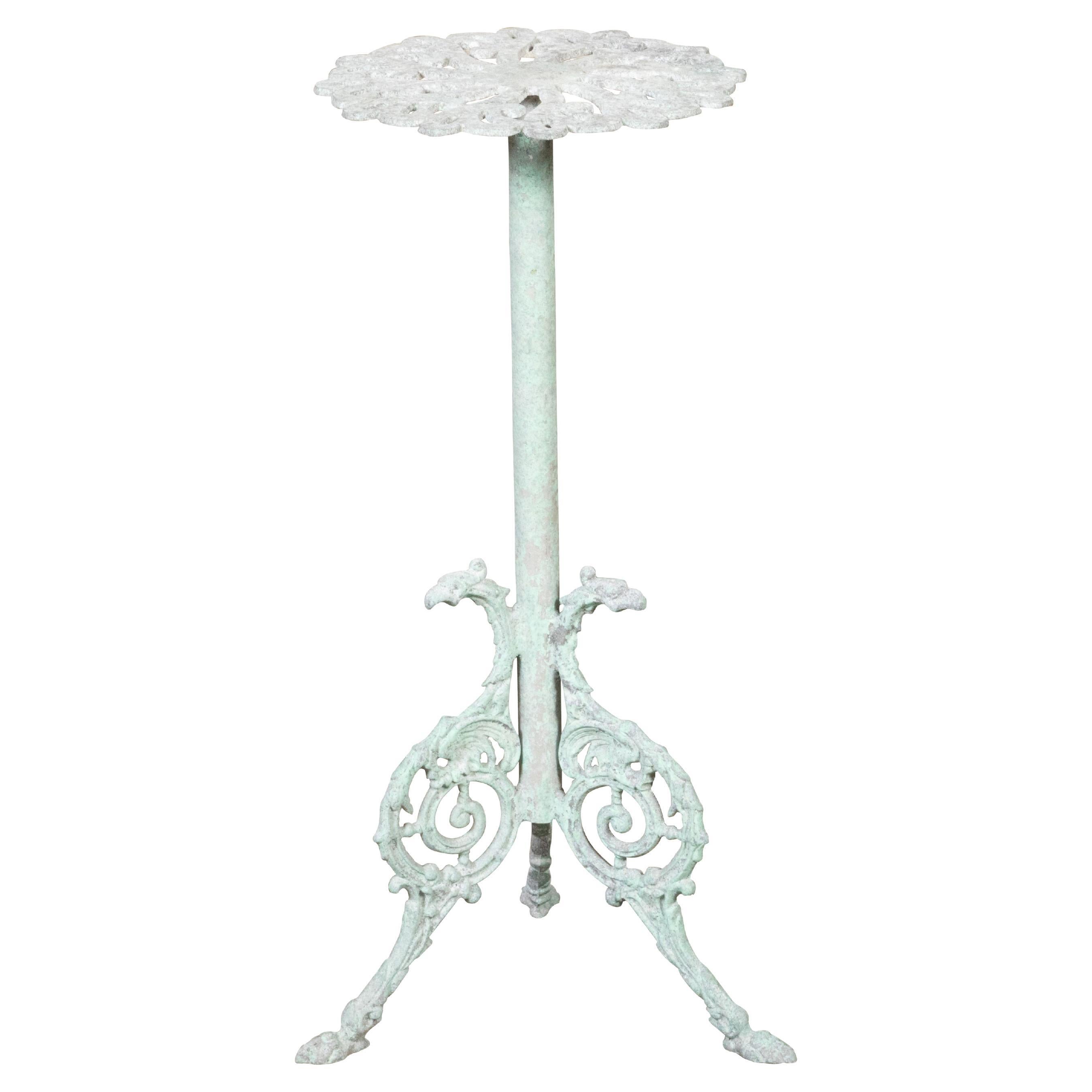 Small French 1920s Soft Green Painted Iron Garden Side Table with Tripod Base For Sale