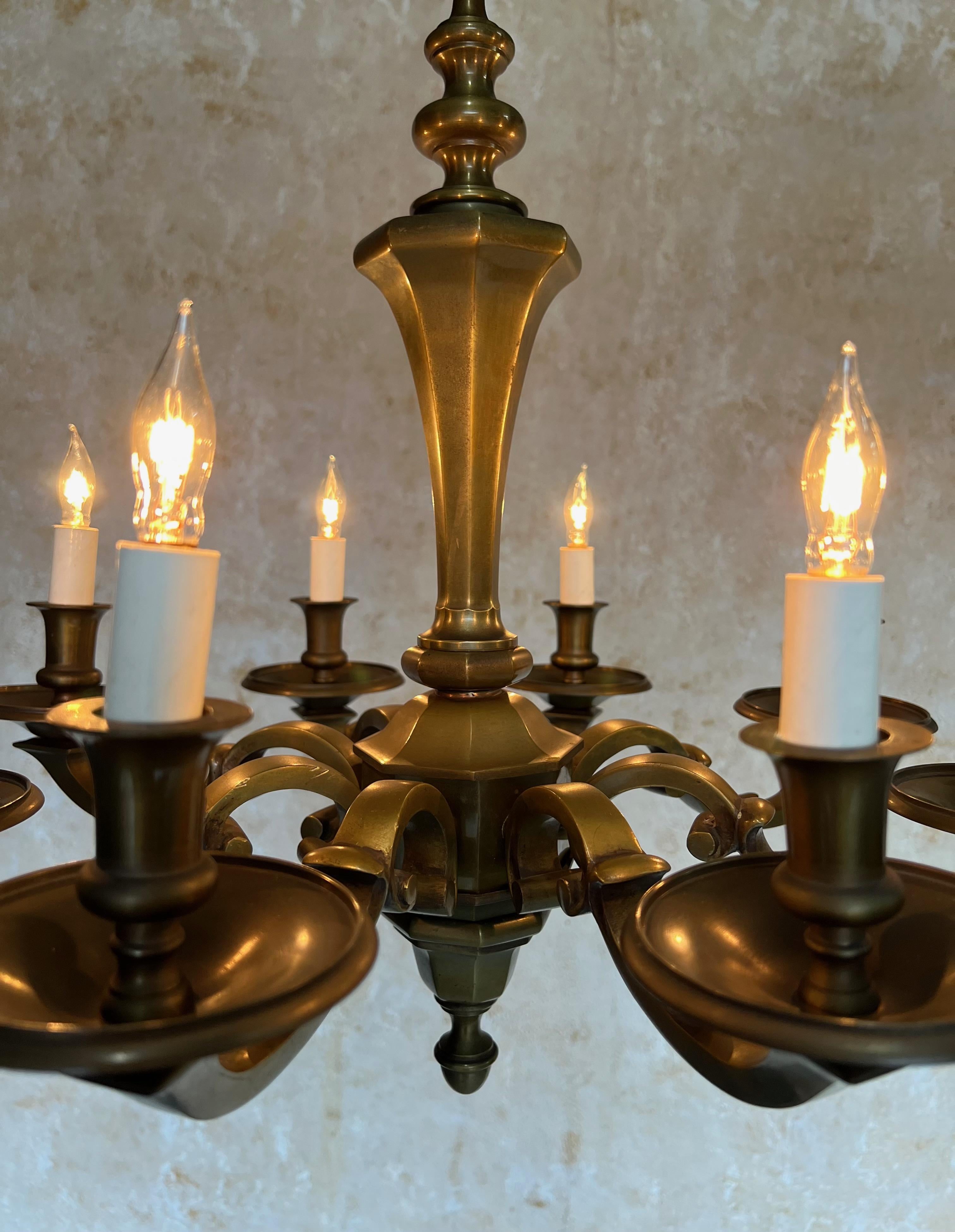 Small French 1940s Bronze Chandelier In Good Condition For Sale In Buchanan, NY