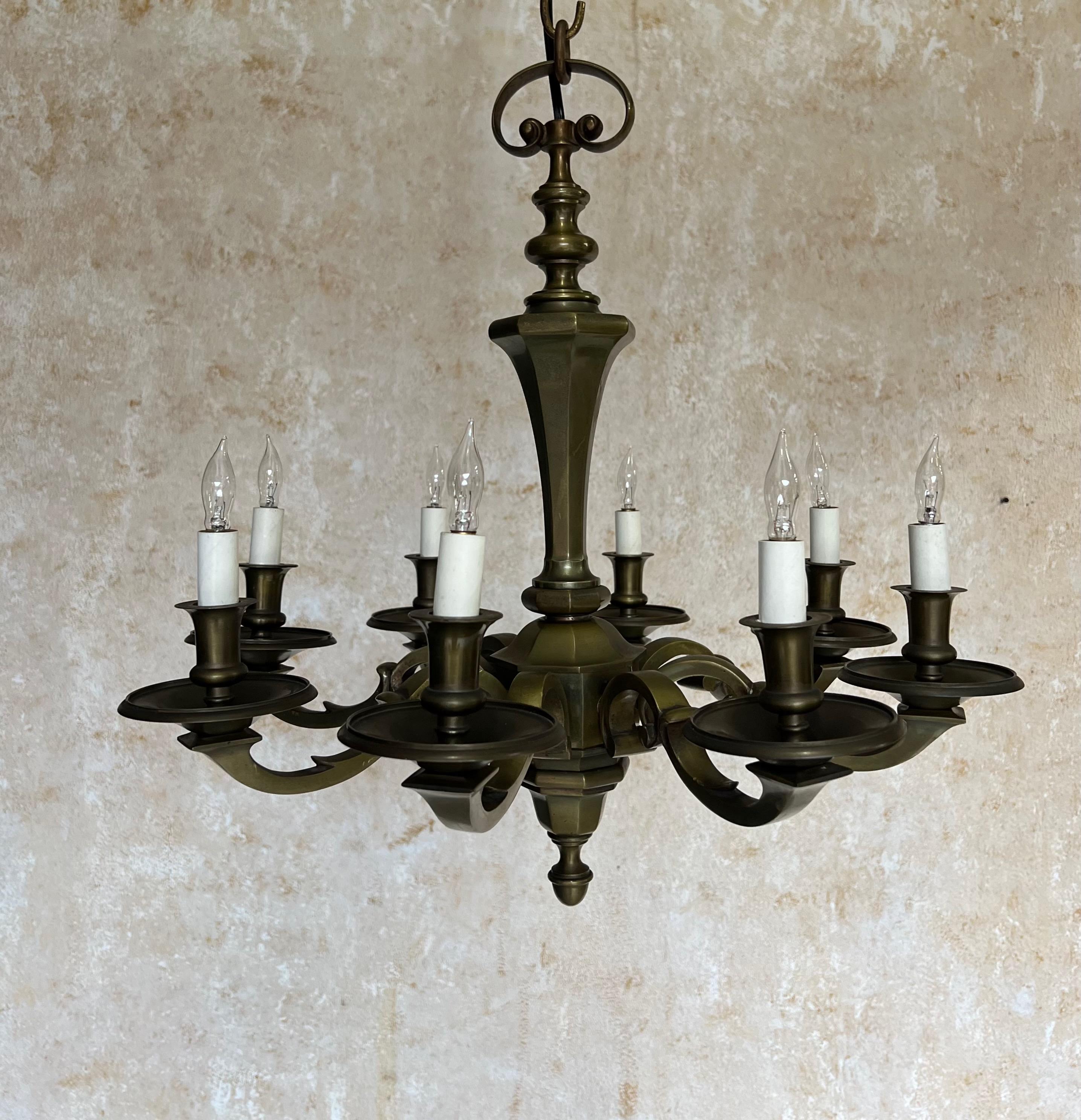 Mid-20th Century Small French 1940s Bronze Chandelier For Sale