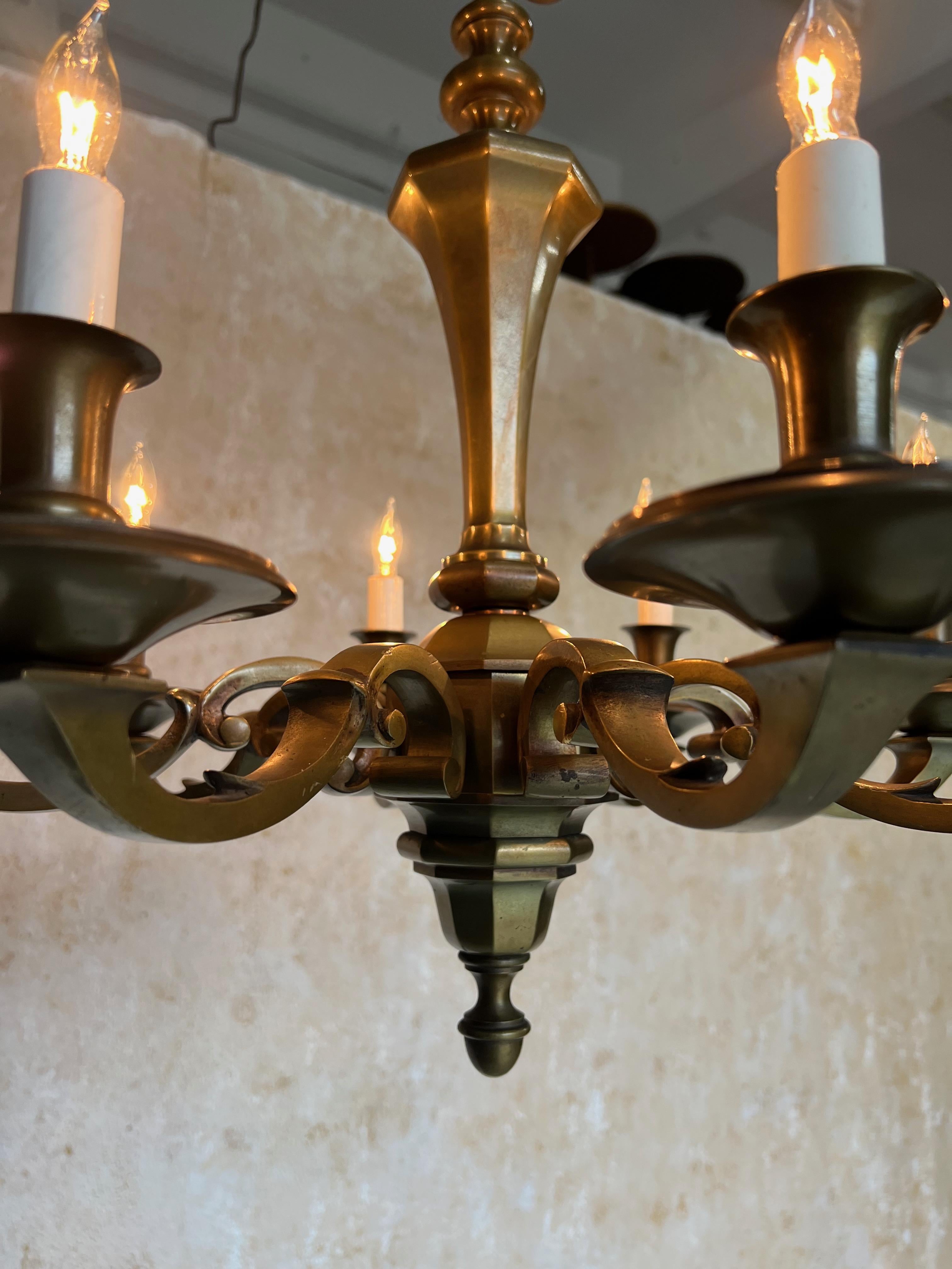 Small French 1940s Bronze Chandelier For Sale 2