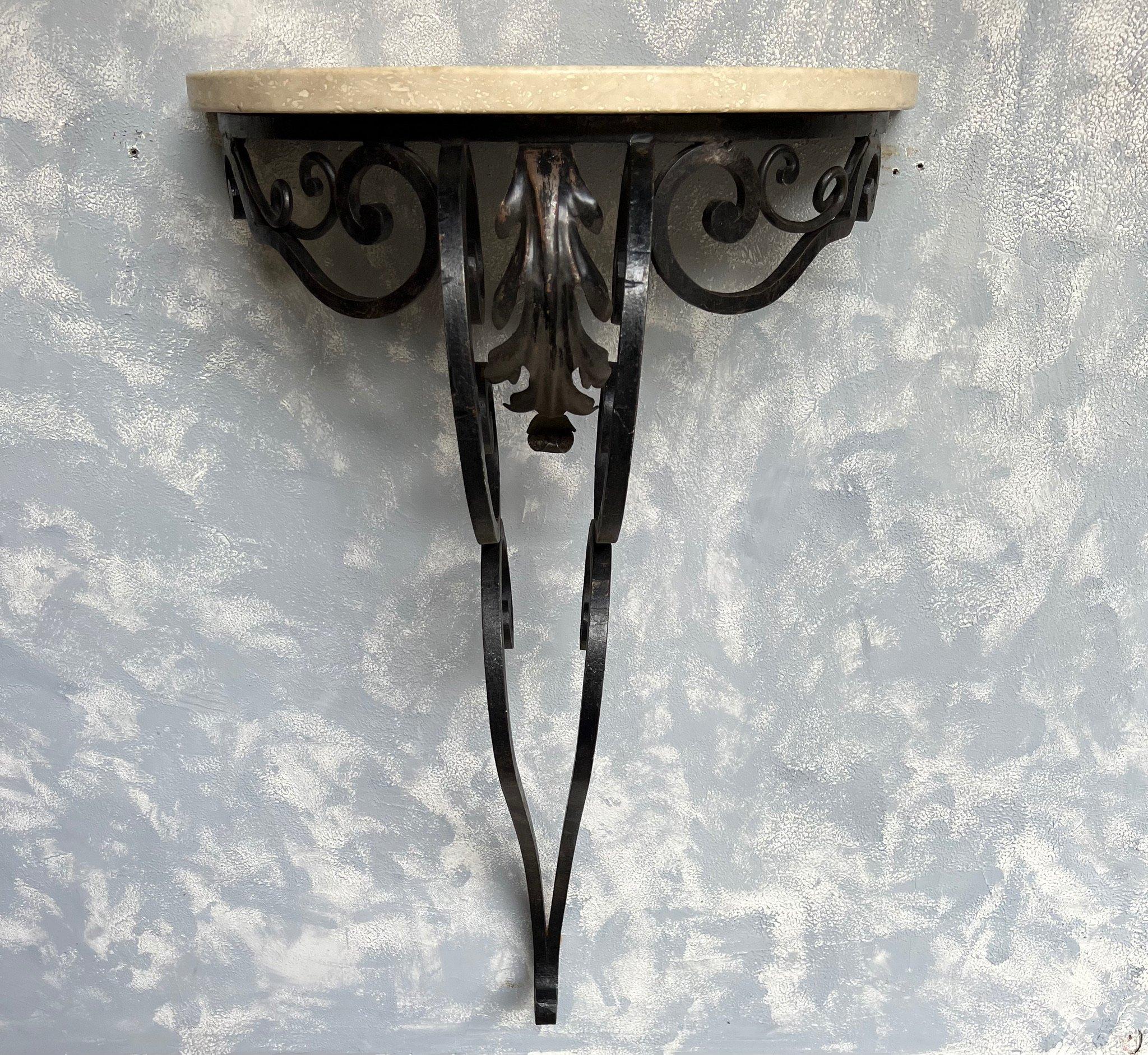 Wrought Iron Small French 1940s Demilune Iron and Travertine Console