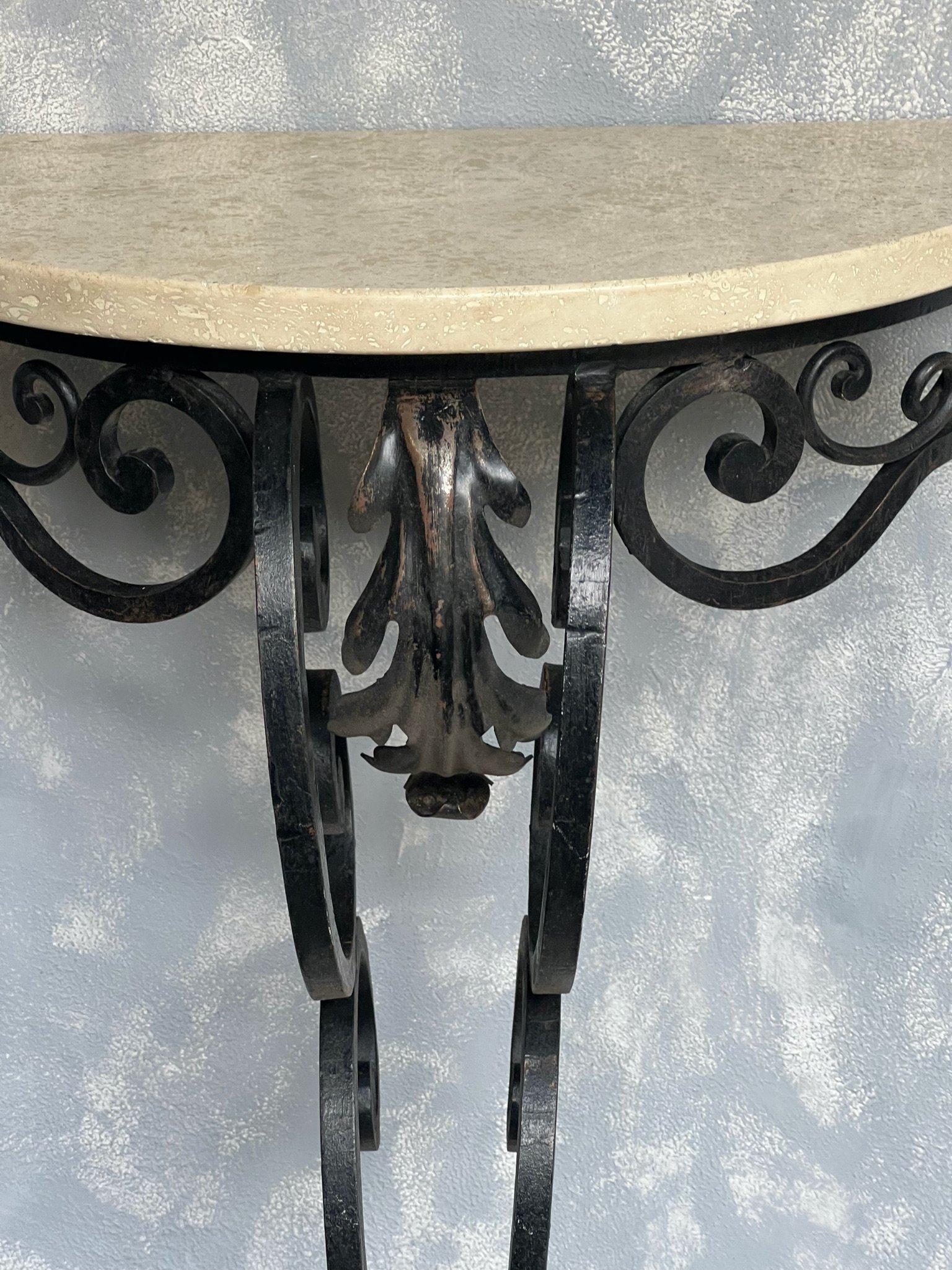 Small French 1940s Demilune Iron and Travertine Console 1
