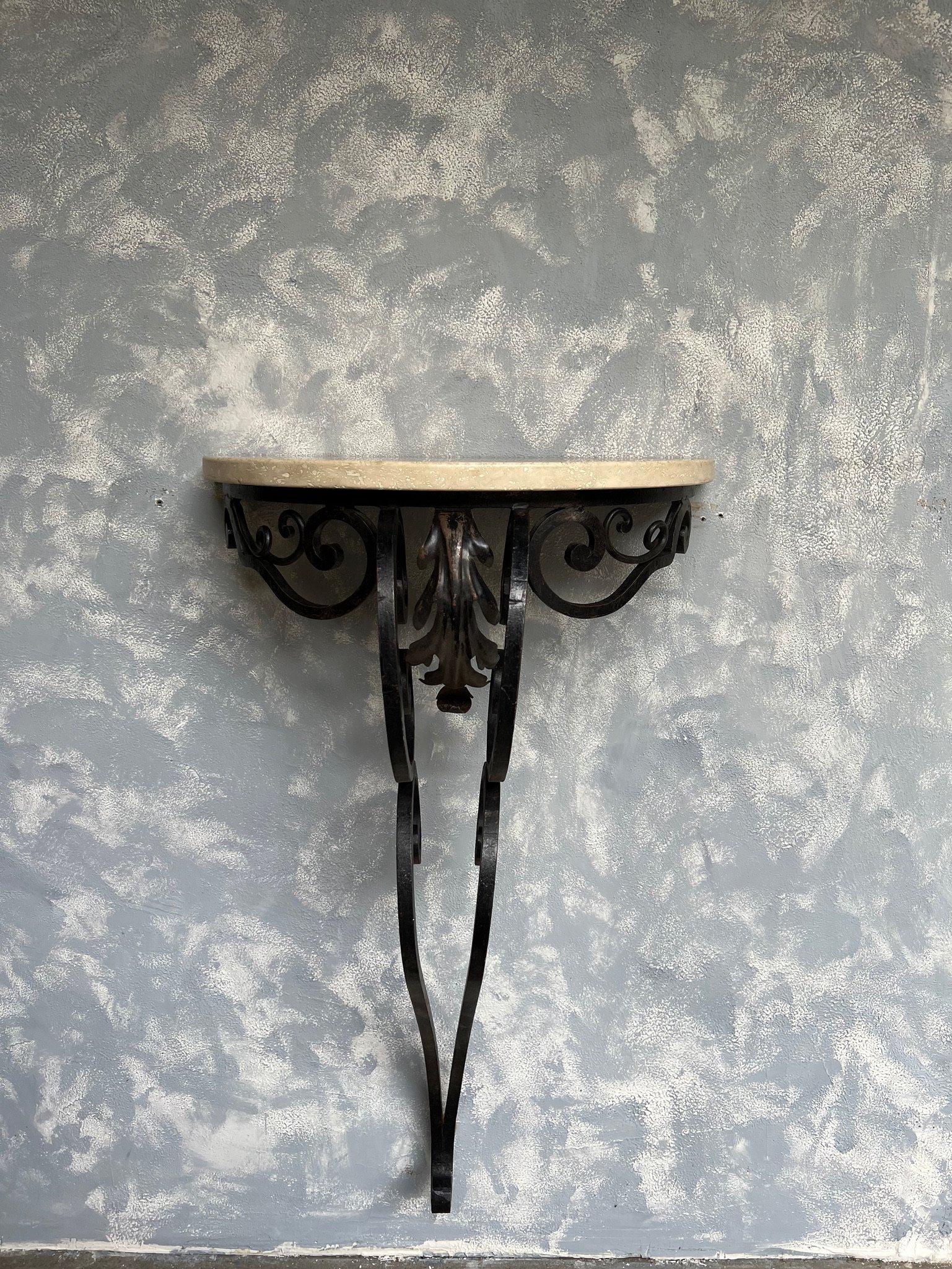 Small French 1940s Demilune Iron and Travertine Console 3