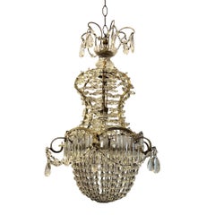 1950s French Neoclassical Basket Chandelier, Crystal & Metal Antique