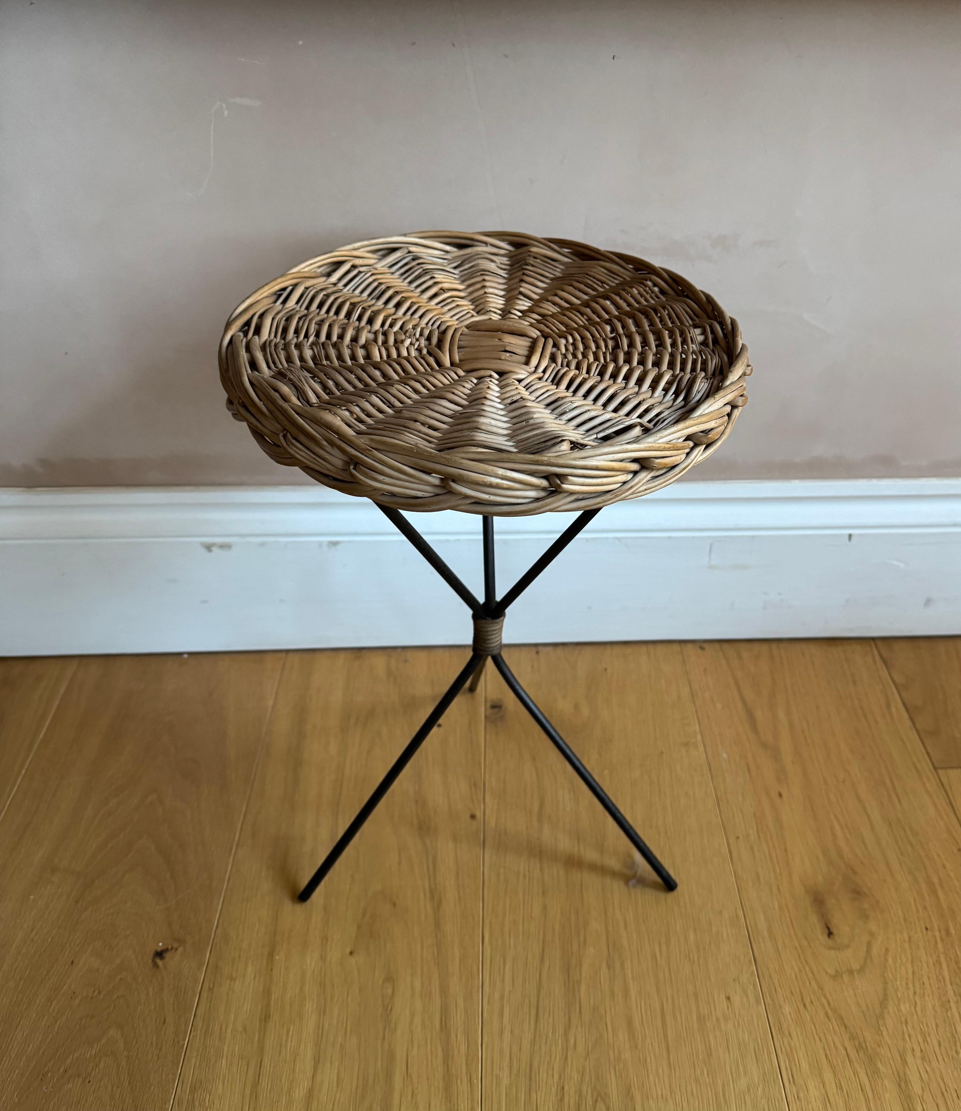 Mid-Century Modern Small French 1950’s rattan and black metal side table