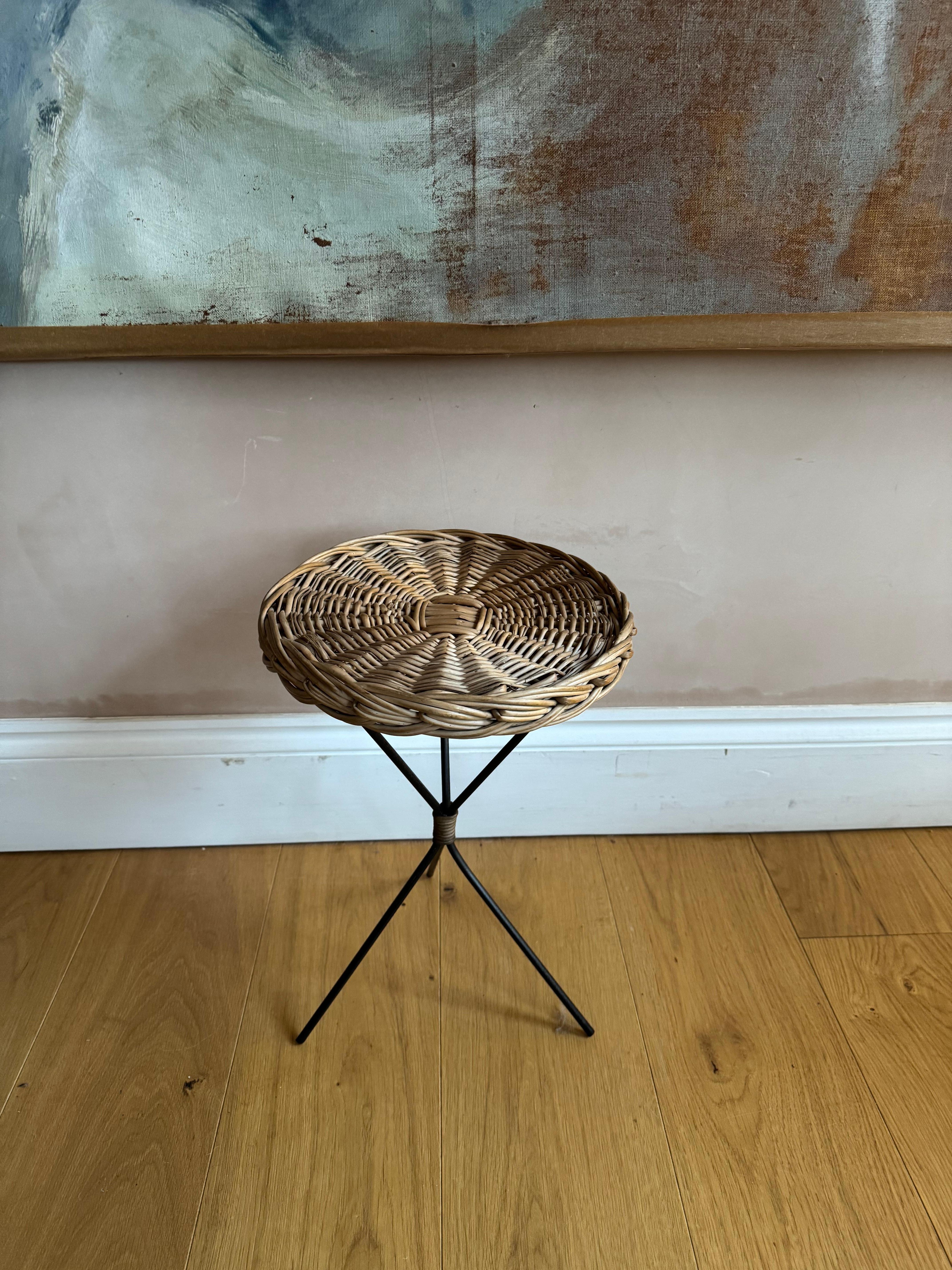 Enameled Small French 1950’s rattan and black metal side table