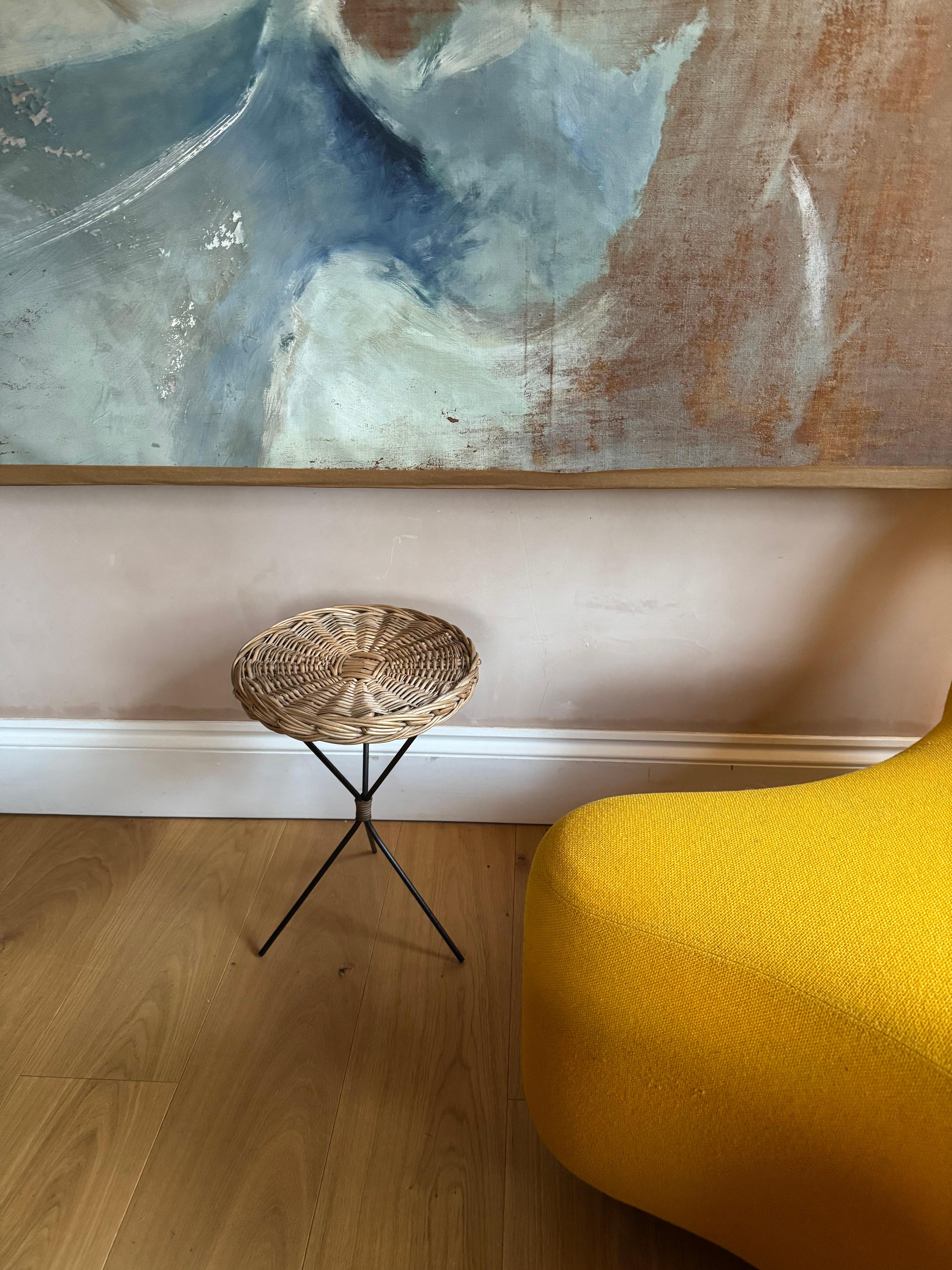 20th Century Small French 1950’s rattan and black metal side table