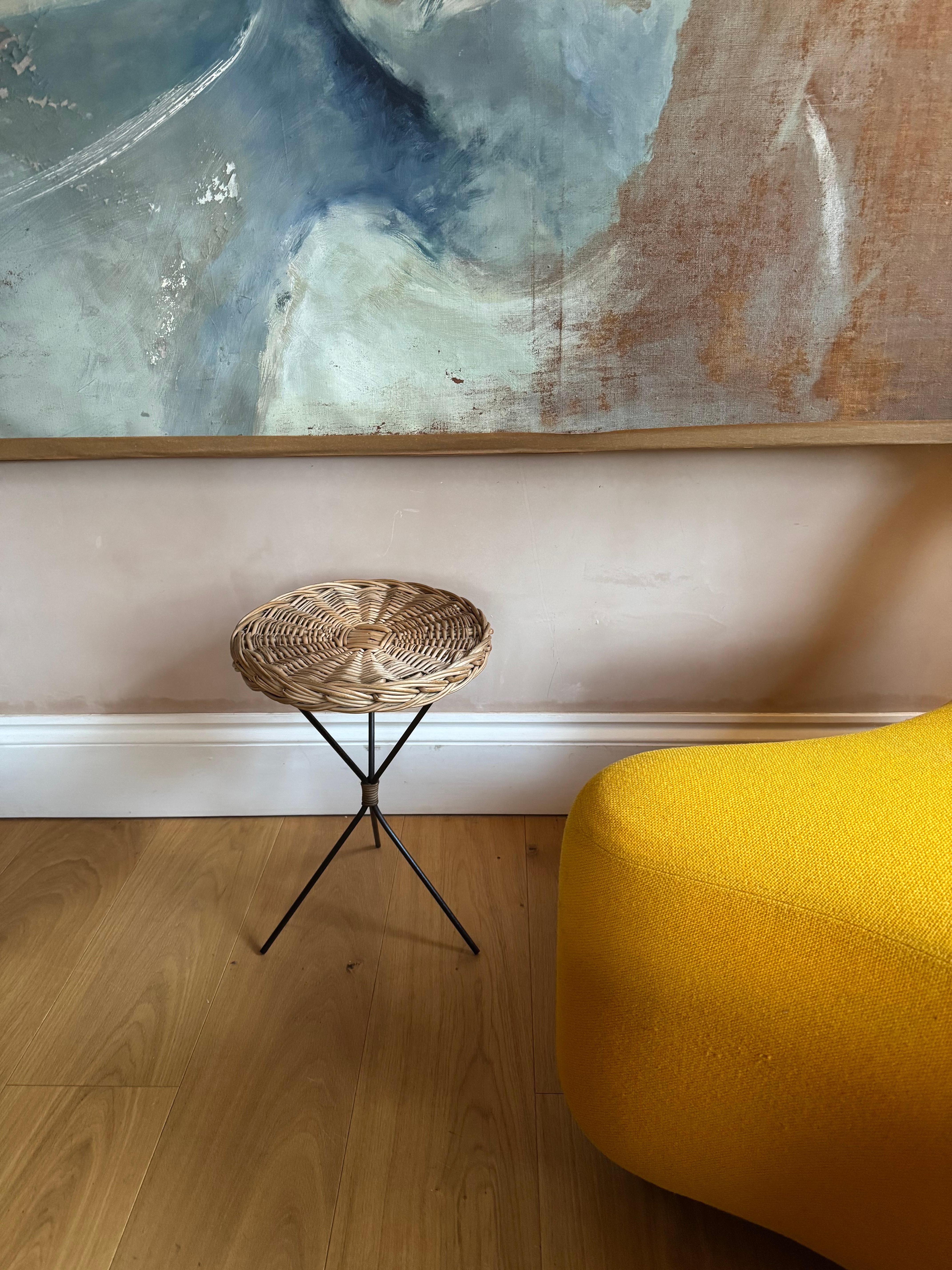 Metal Small French 1950’s rattan and black metal side table