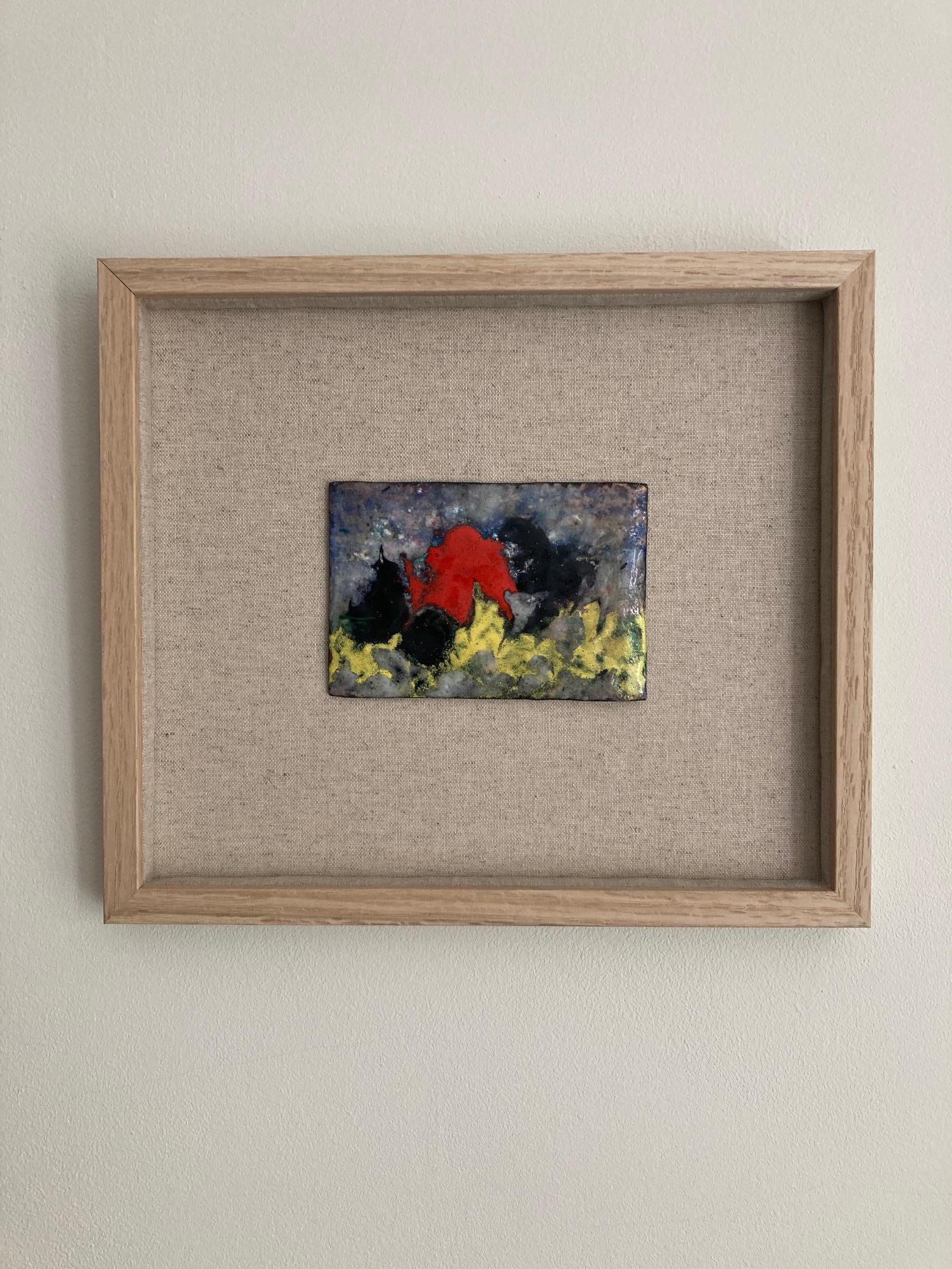 An exquisite small abstract enamel on copper painting. Remounted and framed on linen backed board. Fabulous colours. A highly decorative period work of art.