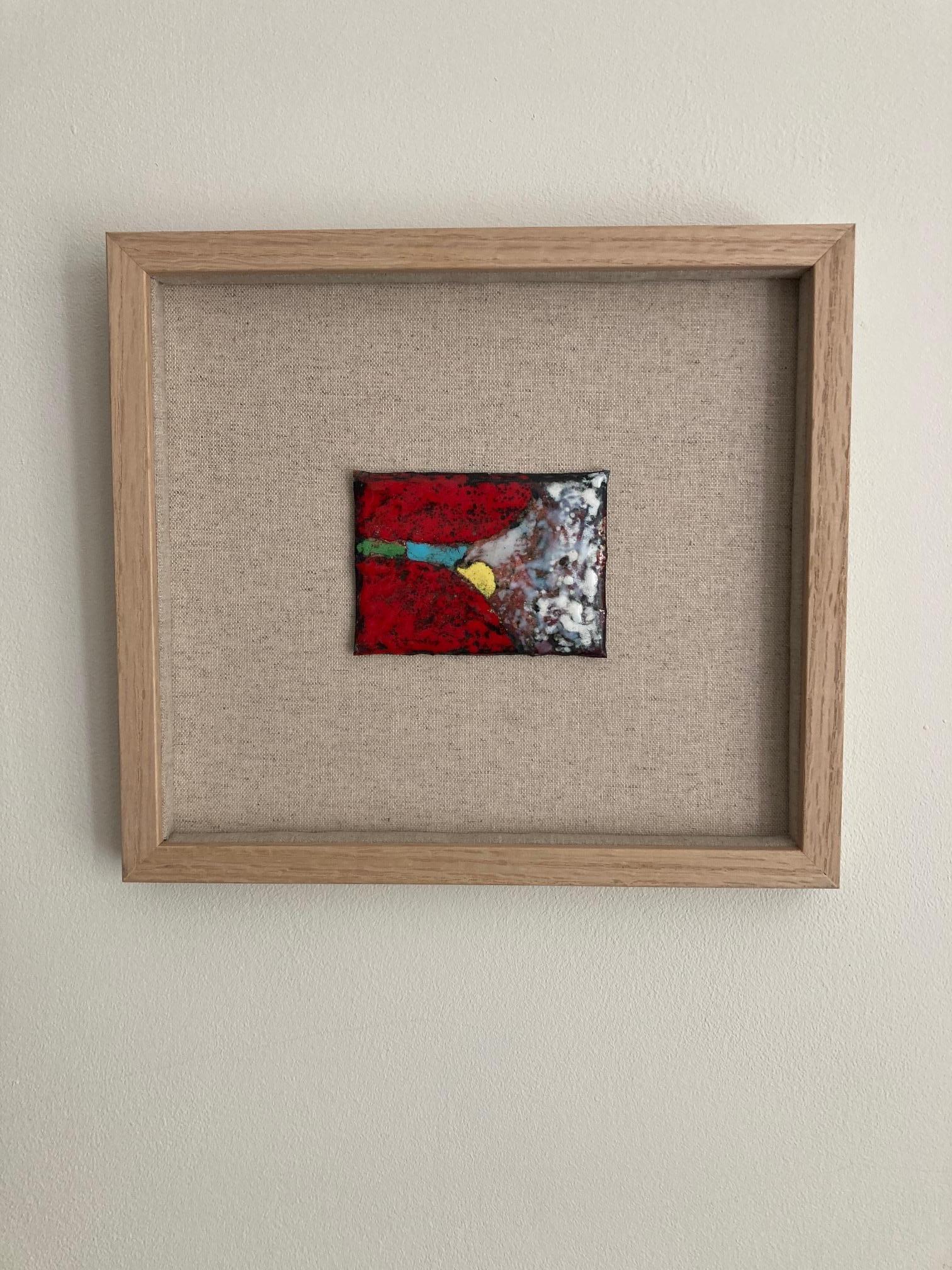 An exquisite small abstract enamel on copper painting. Remounted and framed on linen backed board. Fabulous colours. A highly decorative period work of art.