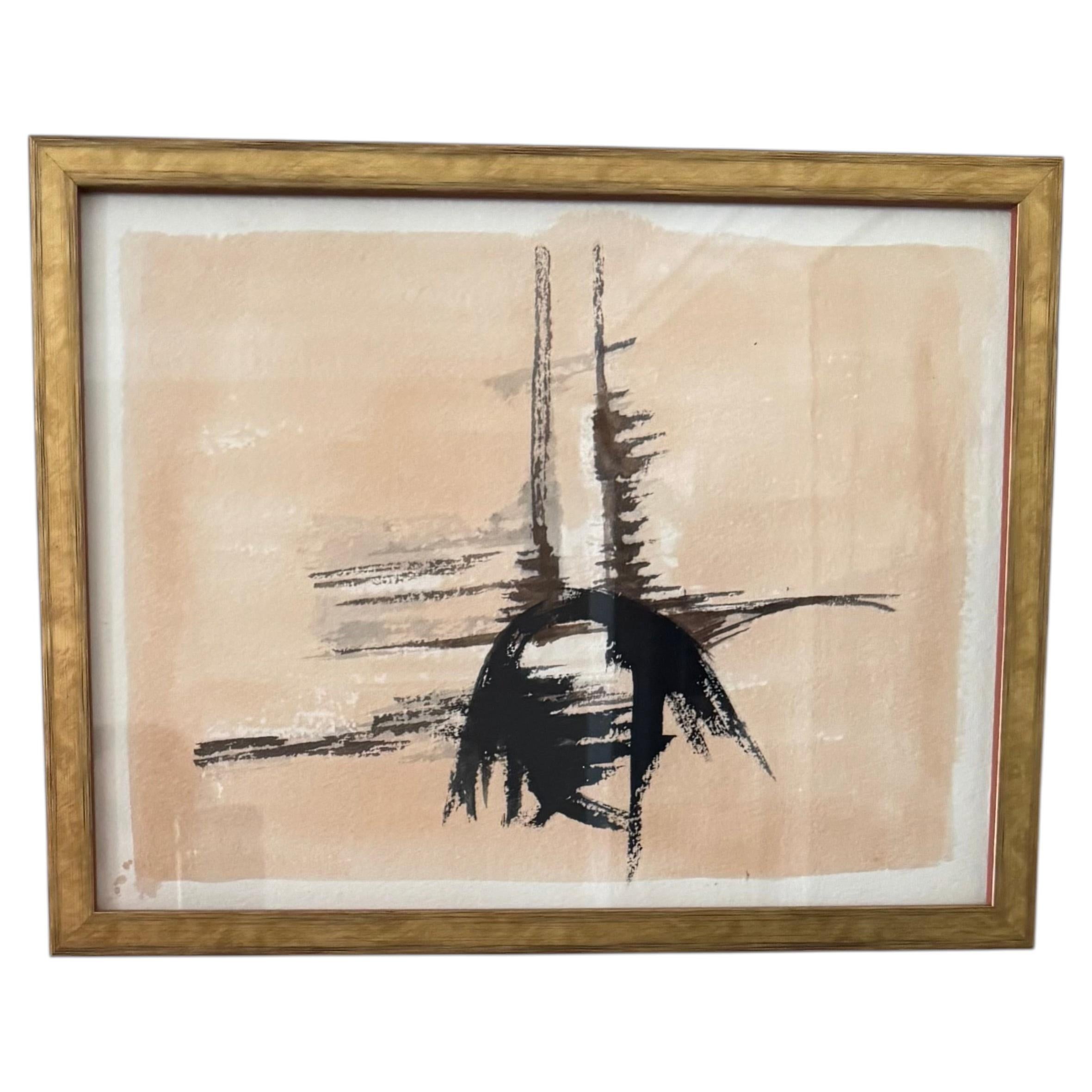 Small French 1970's abstract gouache framed and underglaze For Sale