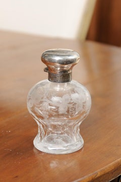 Small French 19th Century Glass Vanity Jar with Silver Lid and Etched Design