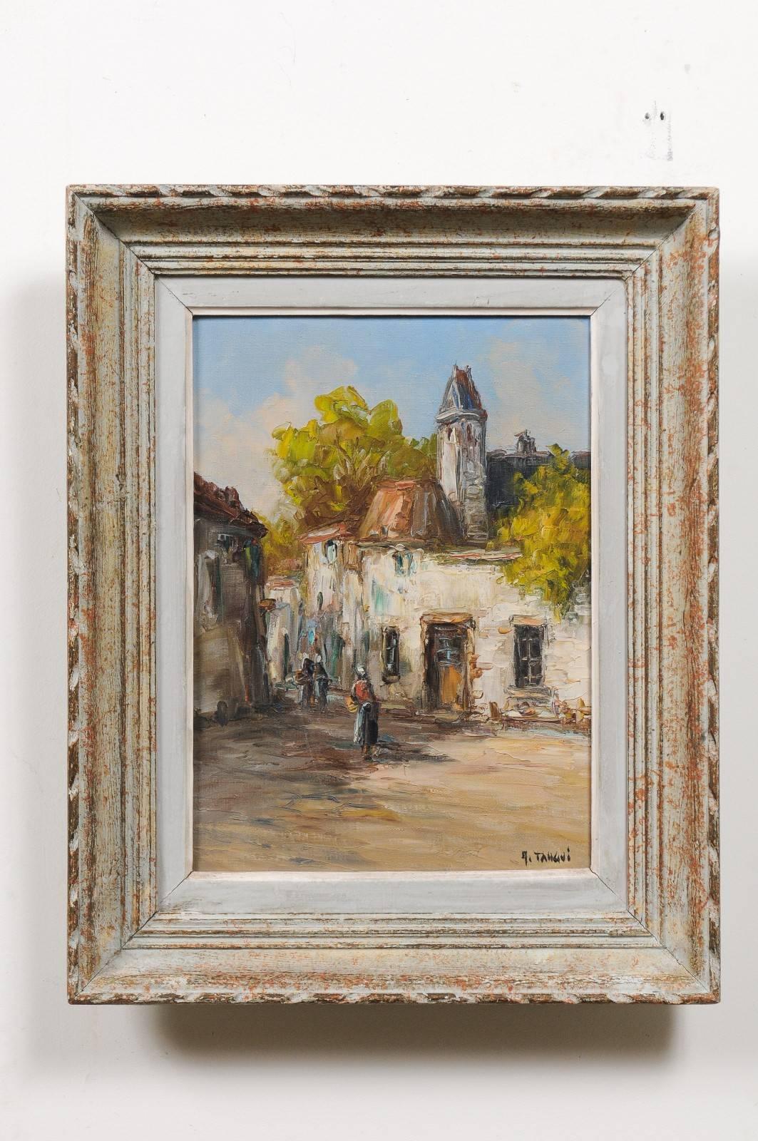 A small French framed oil on canvas painting from the late 19th century, depicting a village in Brittany and signed by artist M. Tangui. Born during the ever-changing 19th century, this charming oil painting depicts an everyday village scene, taking