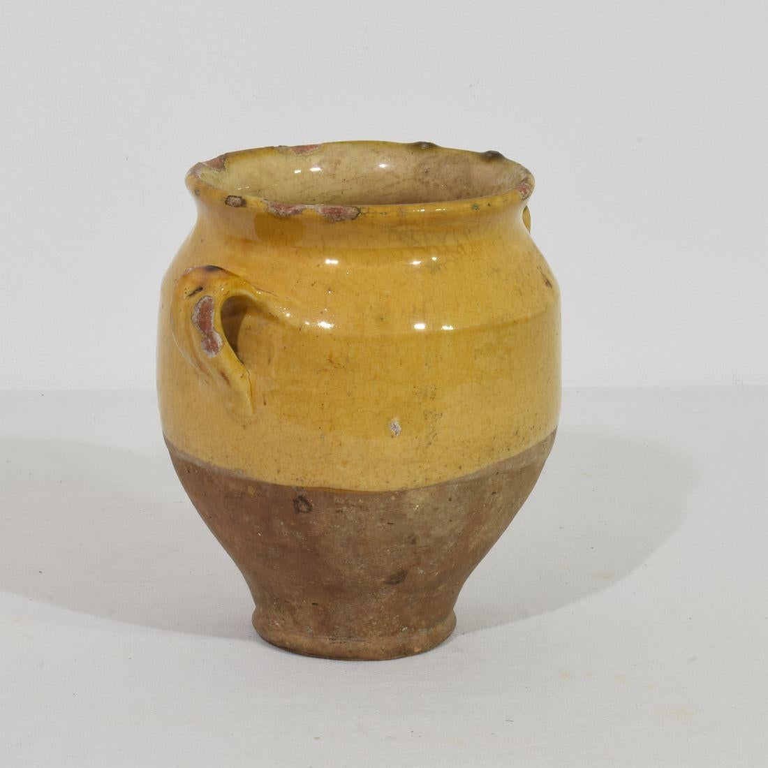 French Provincial Small French 19th Century Yellow Glazed Ceramic Confit Jar For Sale