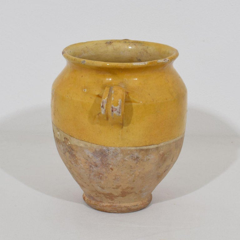 Small French 19th Century Yellow Glazed Ceramic Confit Jar For Sale at
