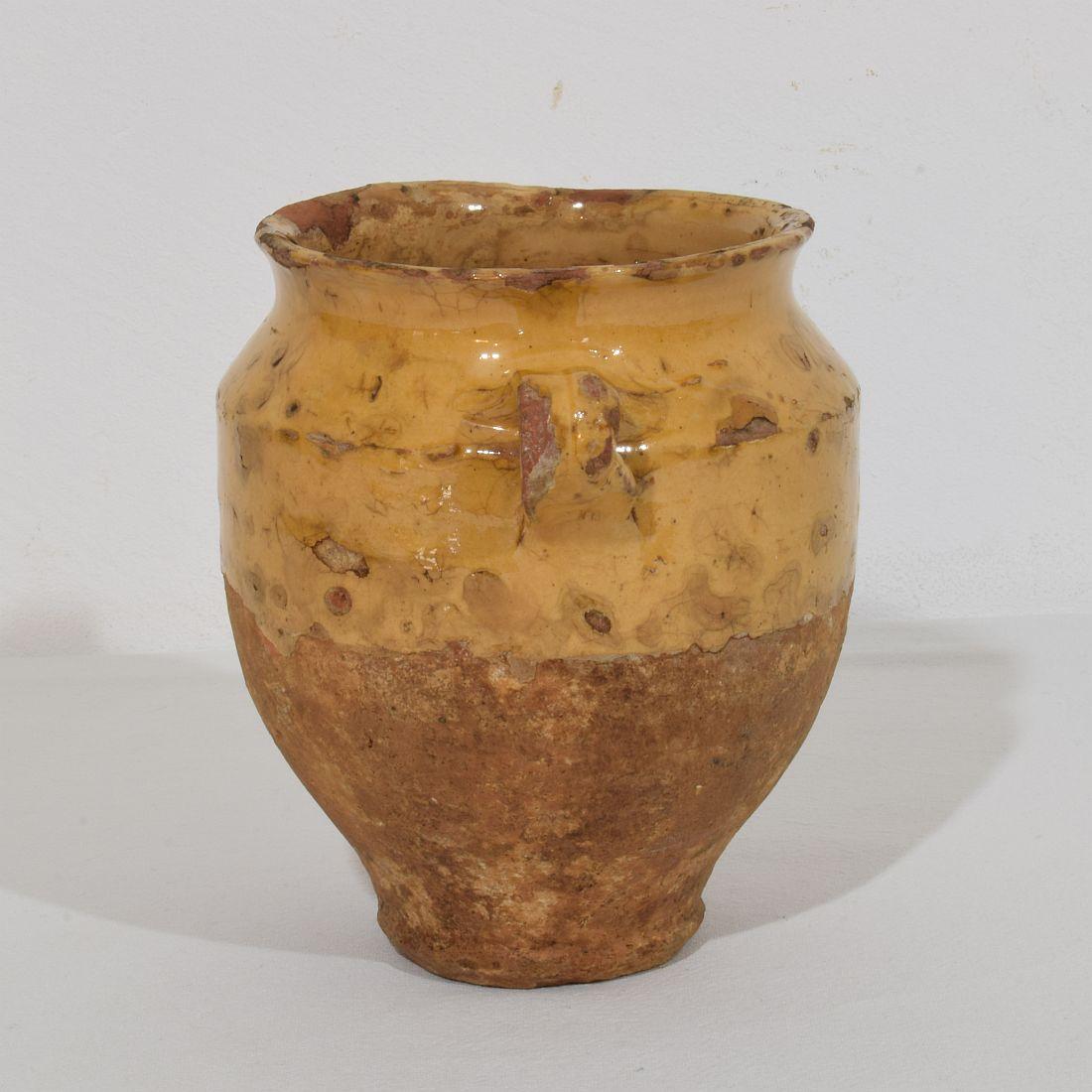 Hand-Crafted Small French 19th Century Yellow Glazed Ceramic Confit Jar For Sale