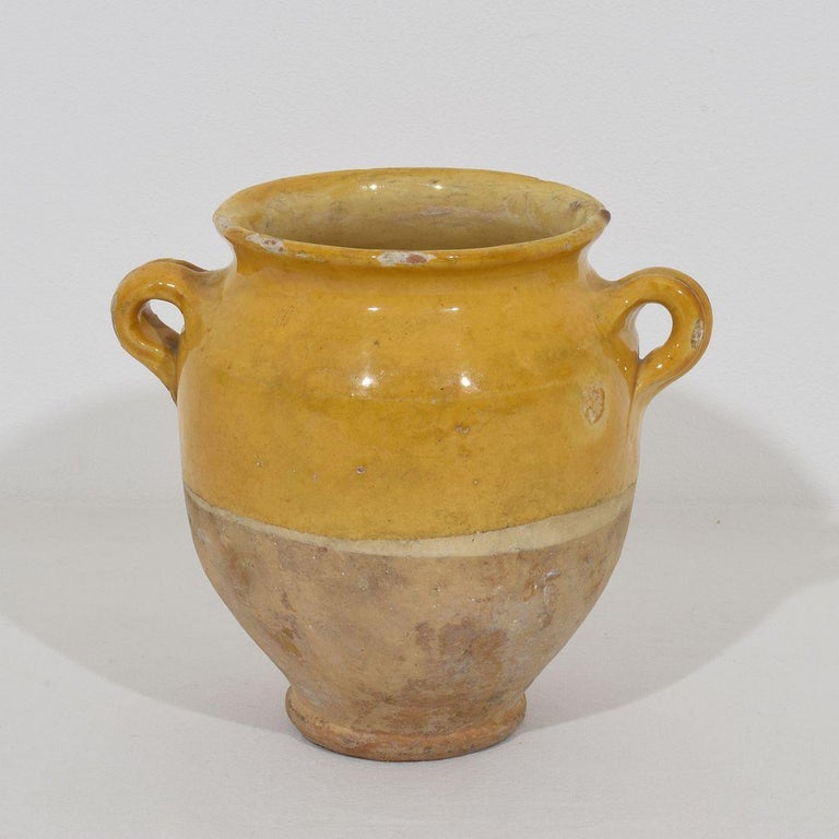 Small French 19th Century Yellow Glazed Ceramic Confit Jar For Sale at