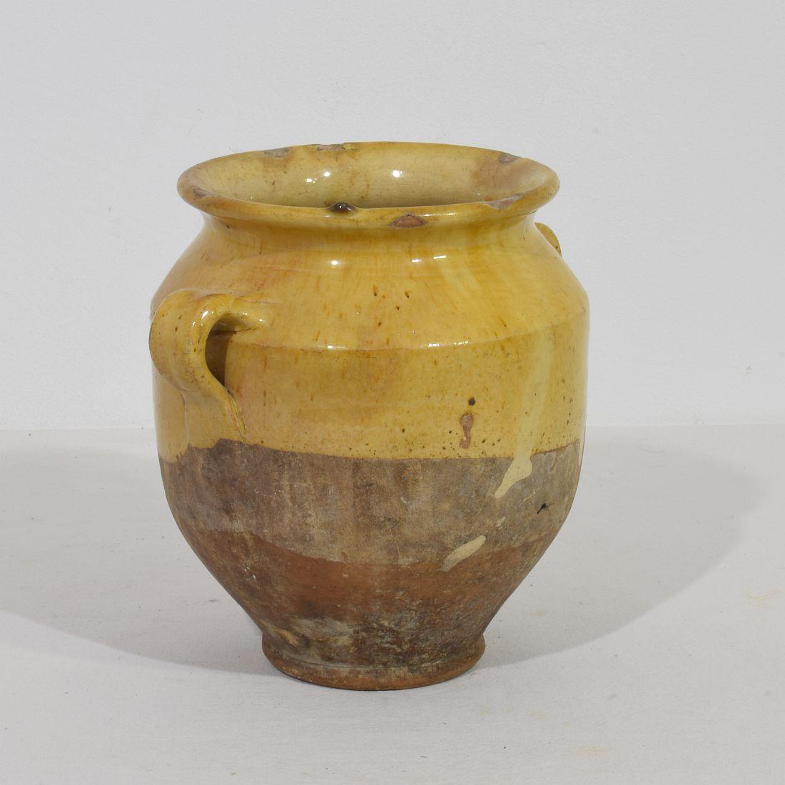 French Provincial Small French 19th Century Yellow Glazed Ceramic Confit Jar, 'Pot' For Sale