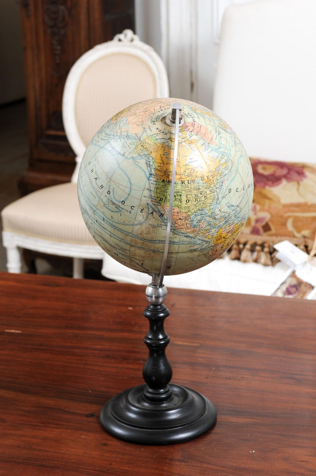 Small French 20th Century Terrestrial Globe on Turned Black Wooden Base For Sale 6