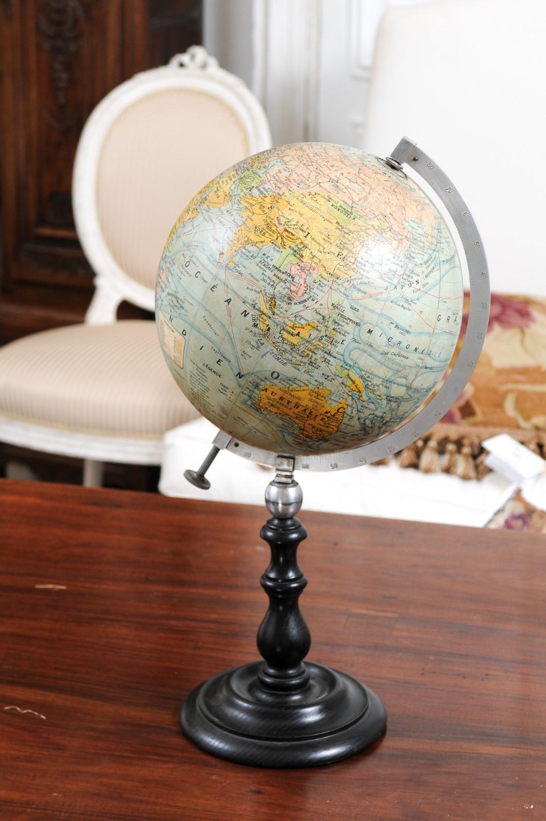 Small French 20th Century Terrestrial Globe on Turned Black Wooden Base 7