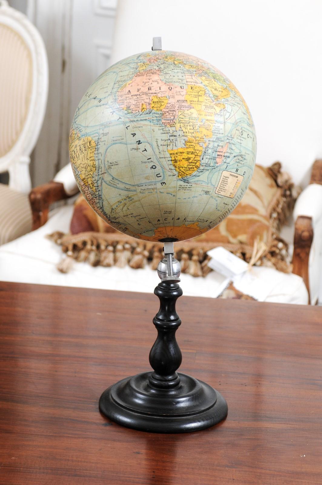 Small French 20th Century Terrestrial Globe on Turned Black Wooden Base 9