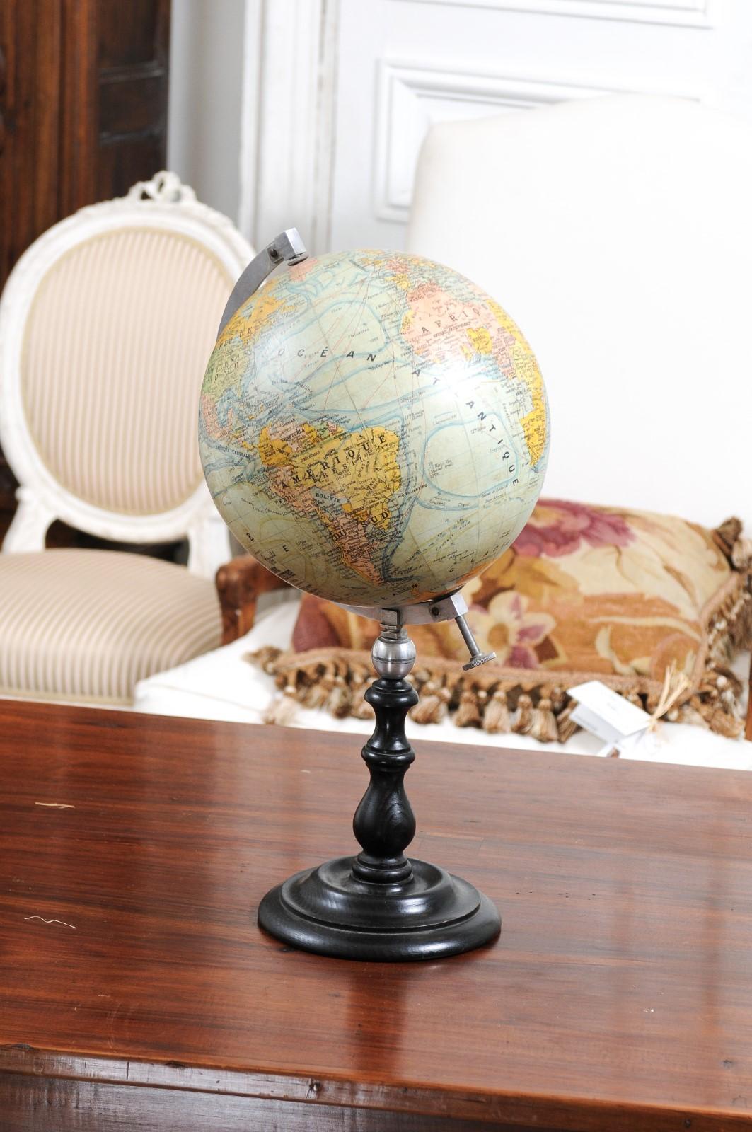 Small French 20th Century Terrestrial Globe on Turned Black Wooden Base For Sale 10