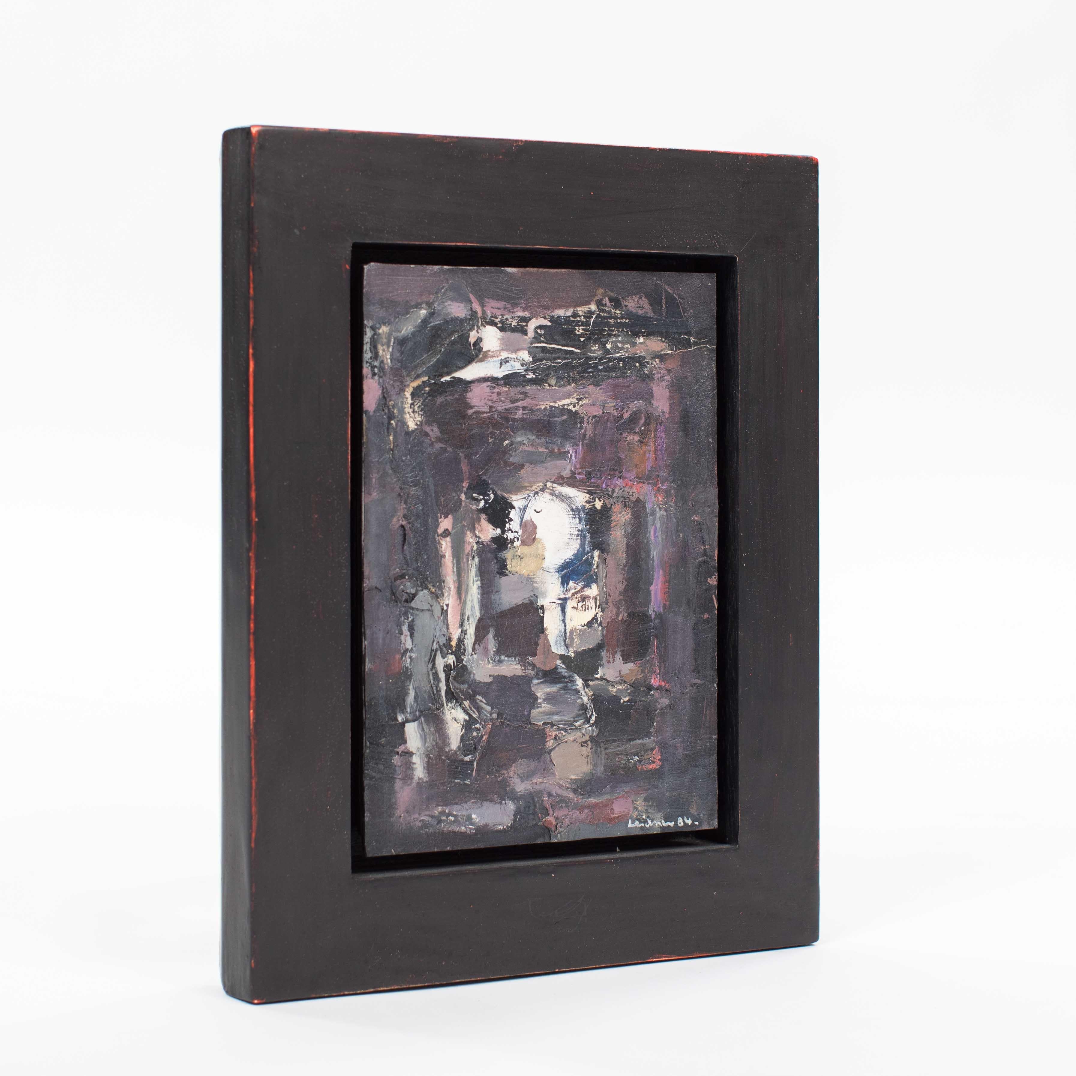 Small French Abstract Modern Composition in Black-White-Purple by René Leindner
(New professional handcrafted frame with shadow gap)
Student at the Strasbourg Art School, then in Paris, Montparnasse district.
In Paris, he rubs shoulders with Sonia