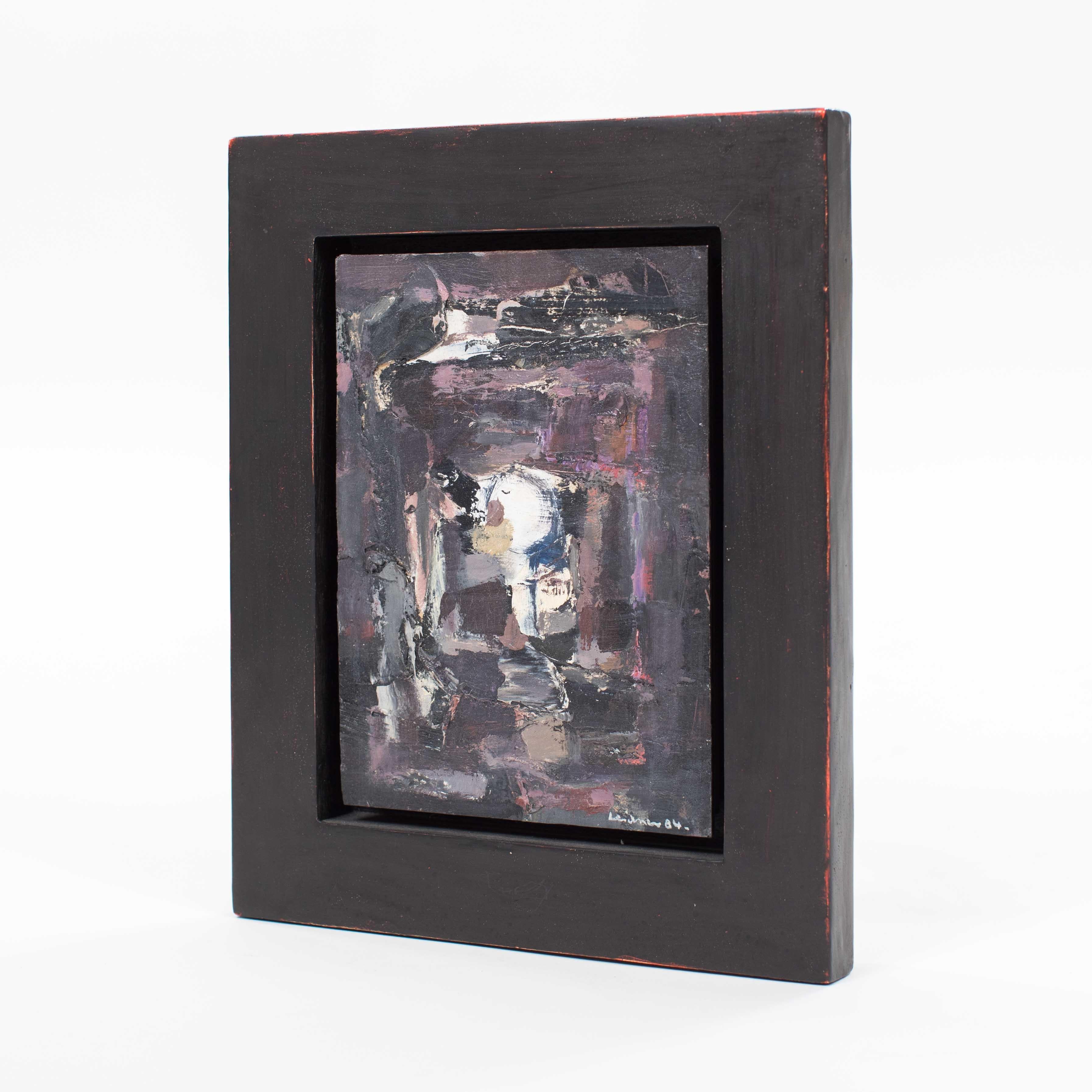 Mid-Century Modern Small French Abstract Modern Composition in Black-White-Purple by René Leindner For Sale