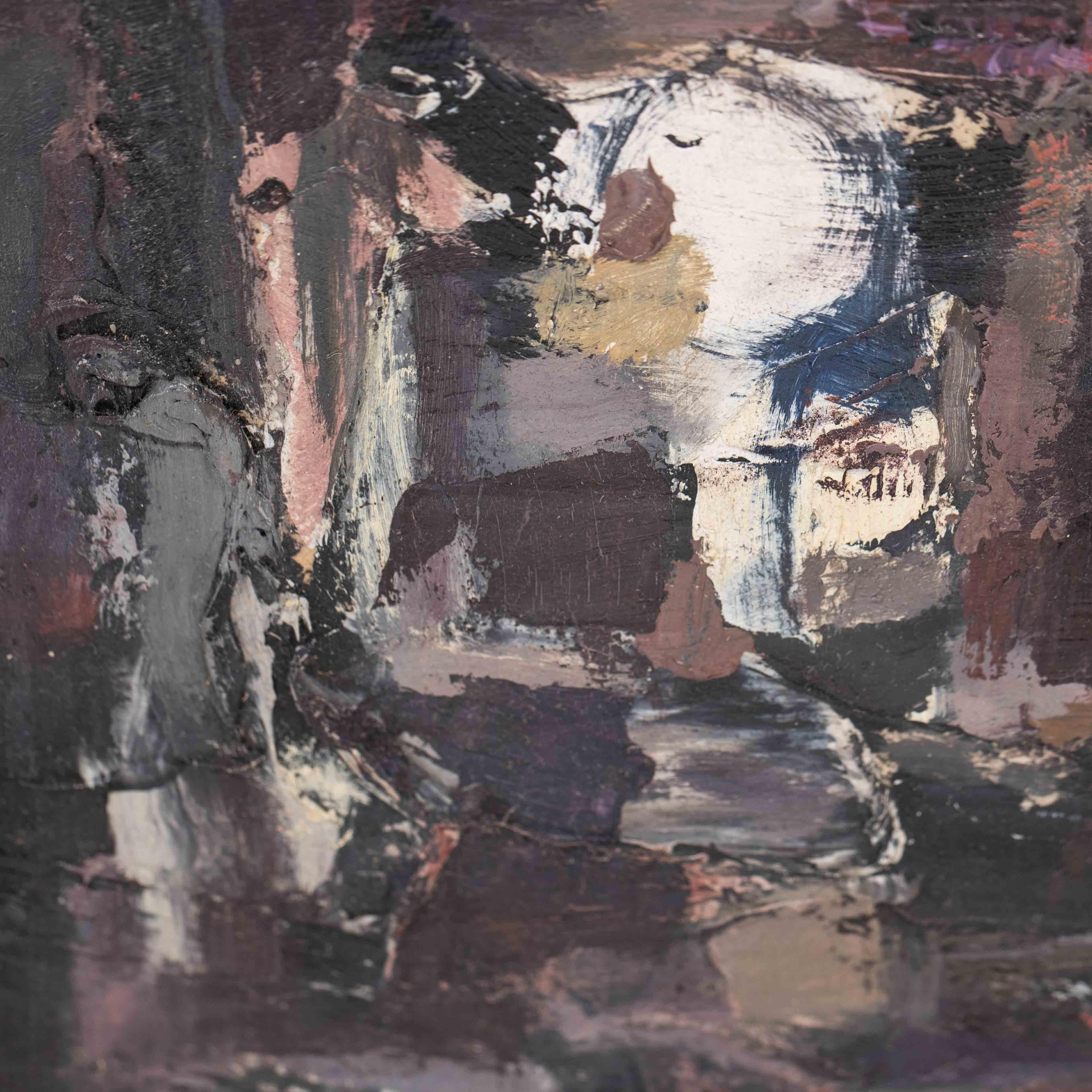 Late 20th Century Small French Abstract Modern Composition in Black-White-Purple by René Leindner For Sale