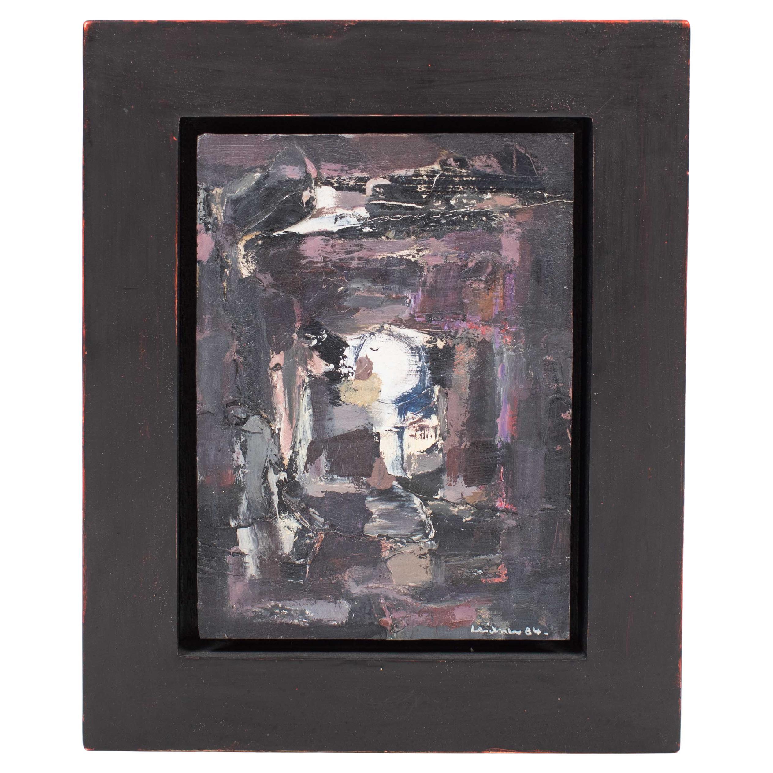 Small French Abstract Modern Composition in Black-White-Purple by René Leindner For Sale