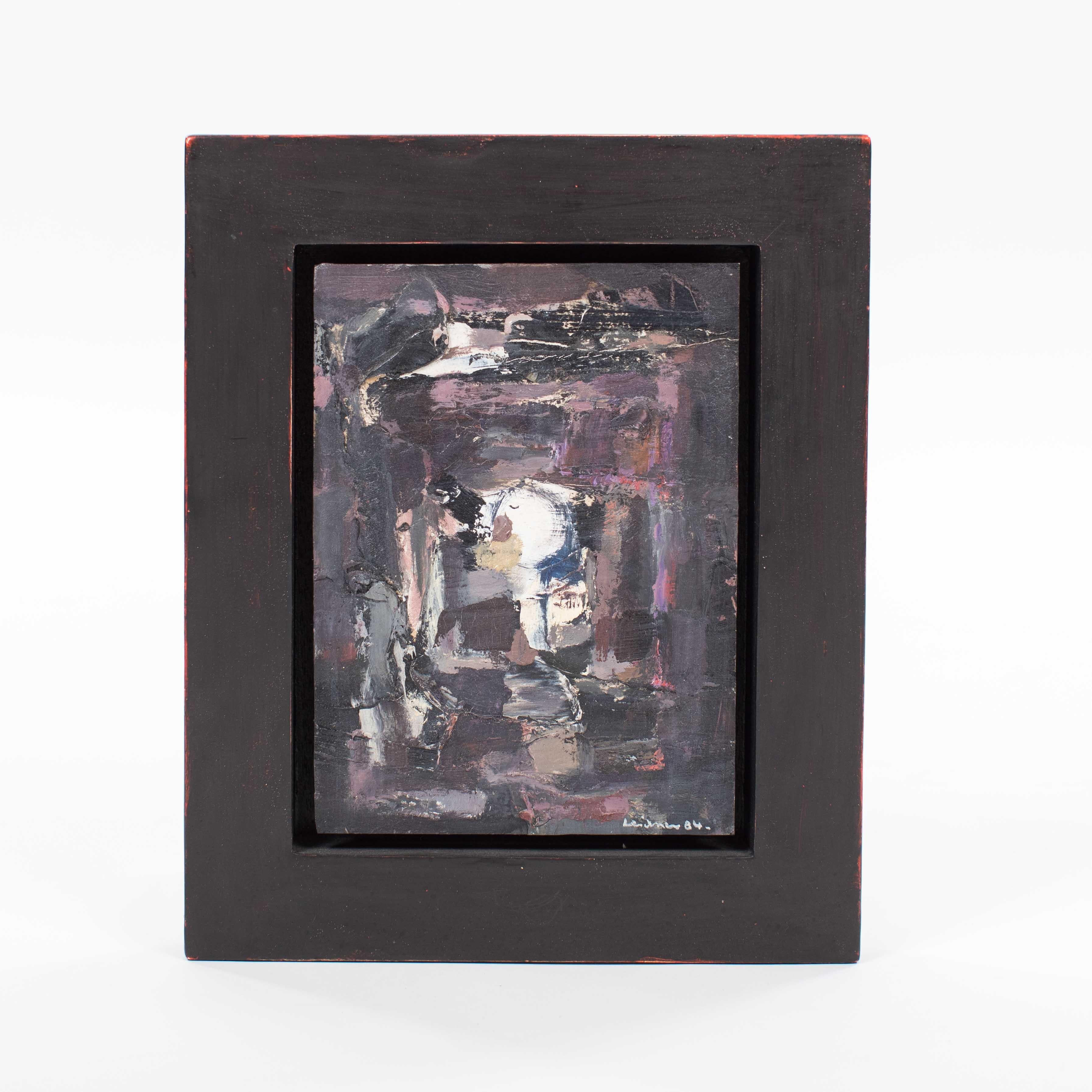 Petite composition moderne abstraite française en rouge-gris-olive par René Leindner 4