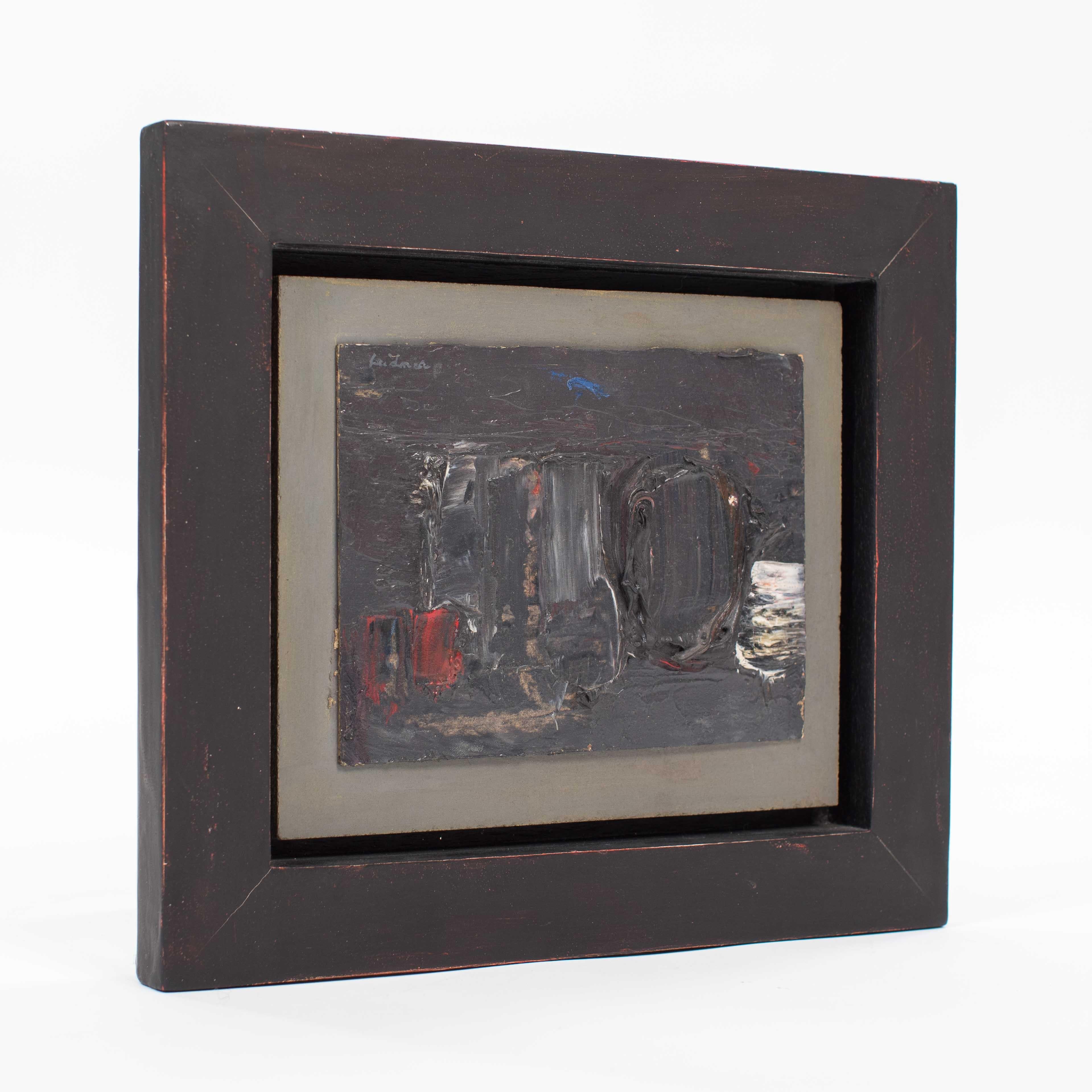 Petite composition moderne abstraite française en rouge-gris-olive par René Leindner
(Nouveau cadre professionnel fabriqué à la main avec joint creux)
Élève à l'École des beaux-arts de Strasbourg, puis à Paris, dans le quartier de Montparnasse.
À