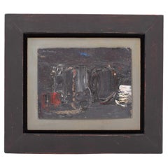 Petite composition moderne abstraite française en rouge-gris-olive par René Leindner