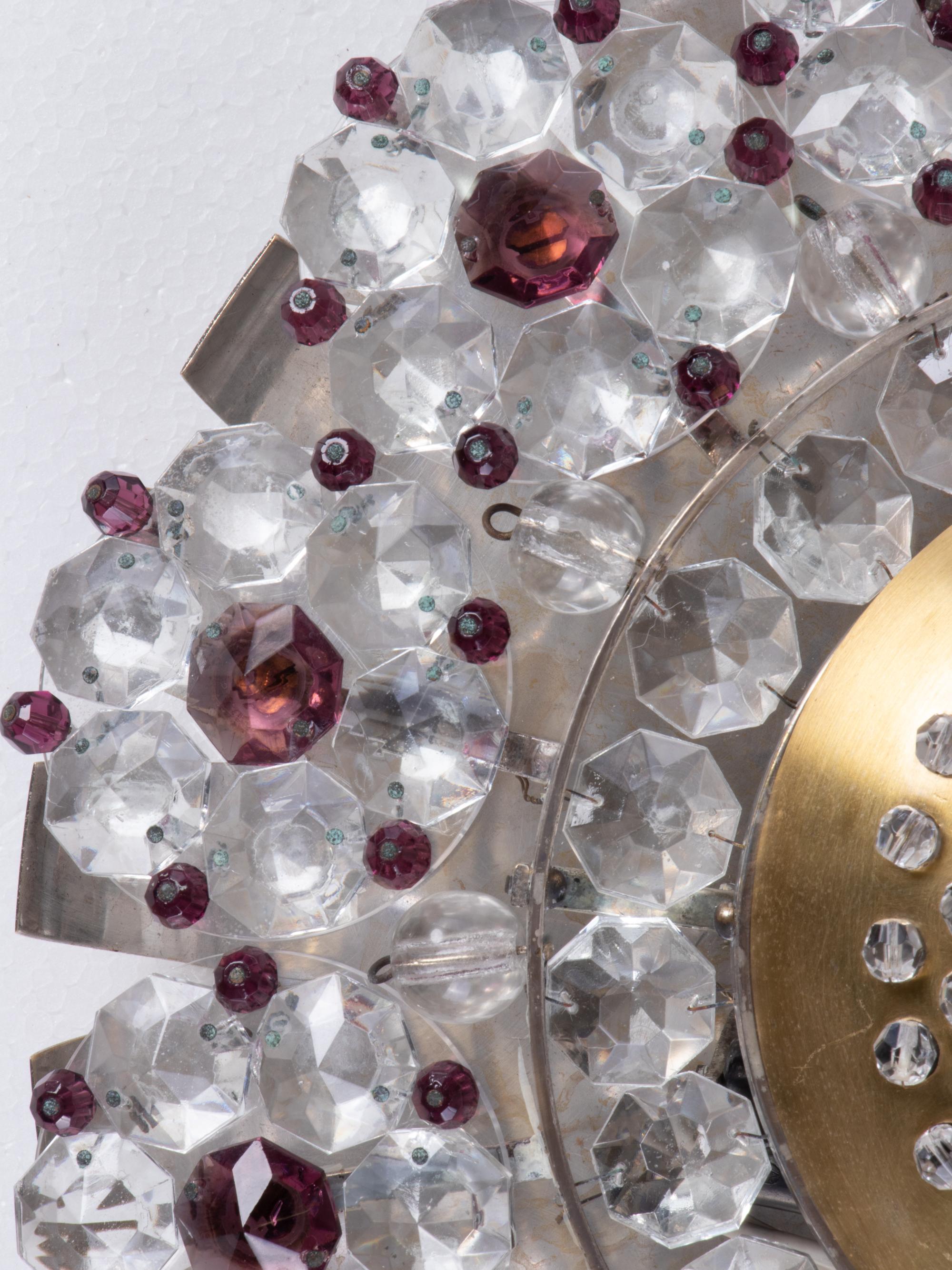 Mid-Century Modern Small French Flush Mount Ceiling Light Amethyst & Clear Crystal, 1940s