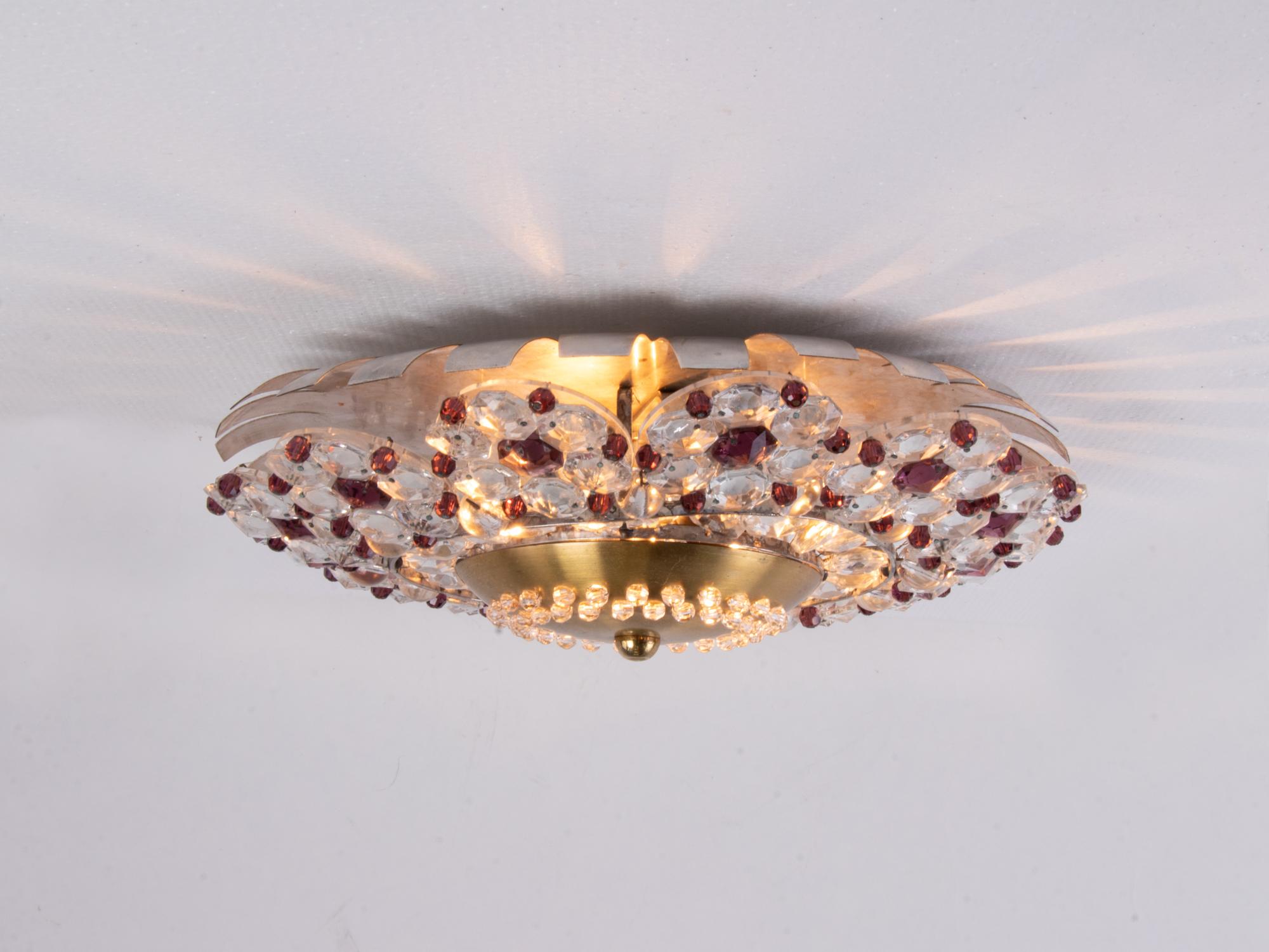 Small French Flush Mount Ceiling Light Amethyst & Clear Crystal, 1940s In Good Condition In Niederdorfelden, Hessen