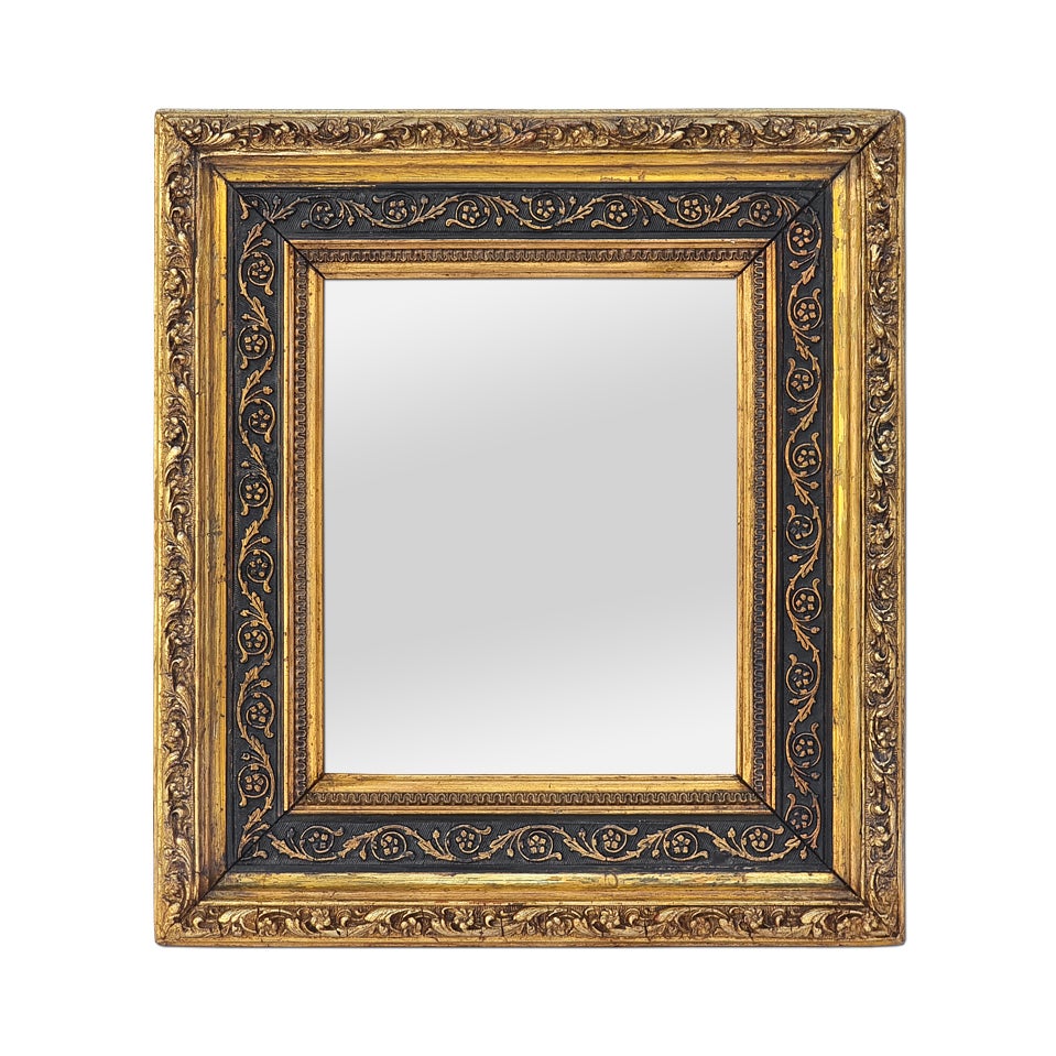 Small French Antique Mirror, Black and Gilded, Napoleon III Period, circa 1870